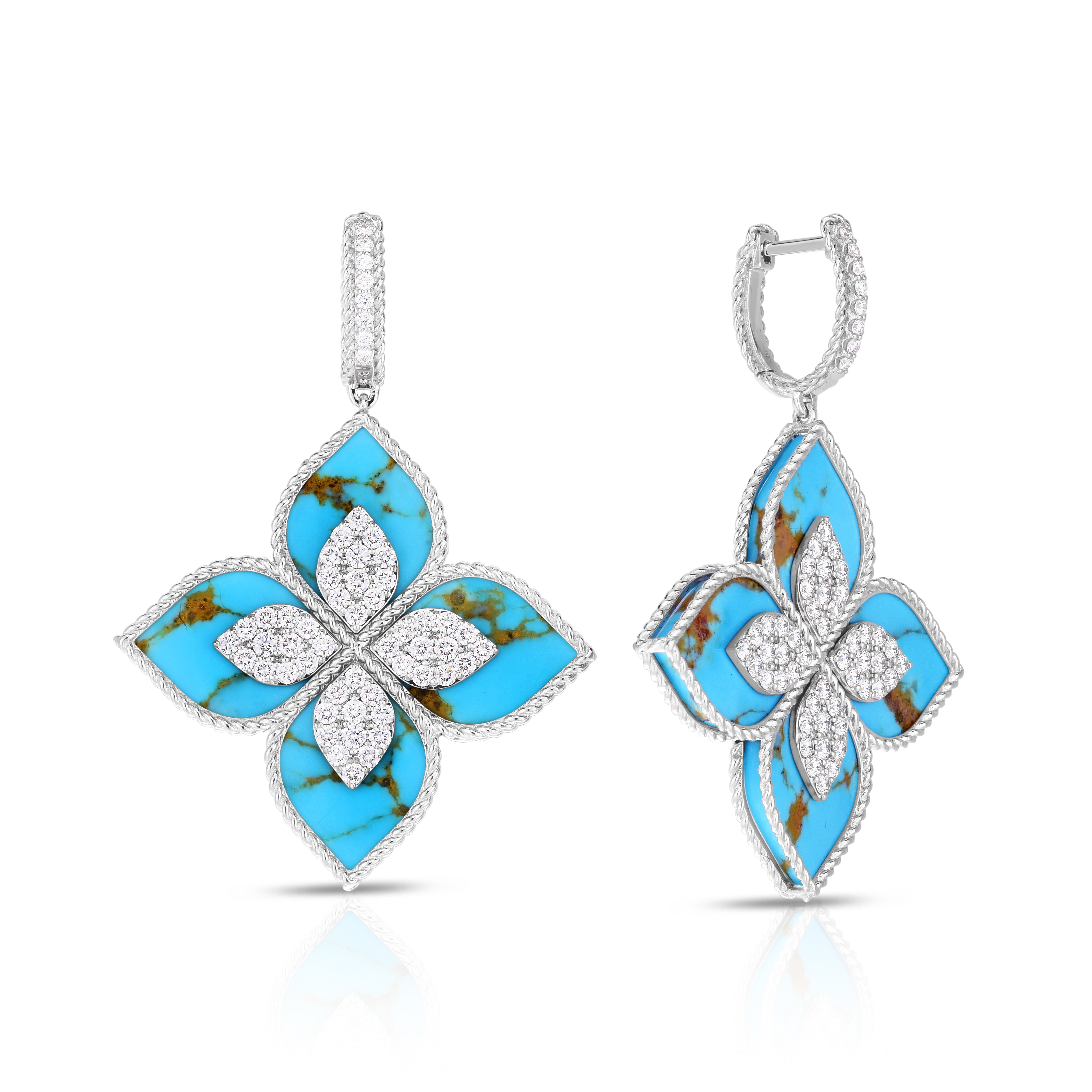 18k White Gold Venentian Princess Large Diamond & Turquoise Flower Earrings