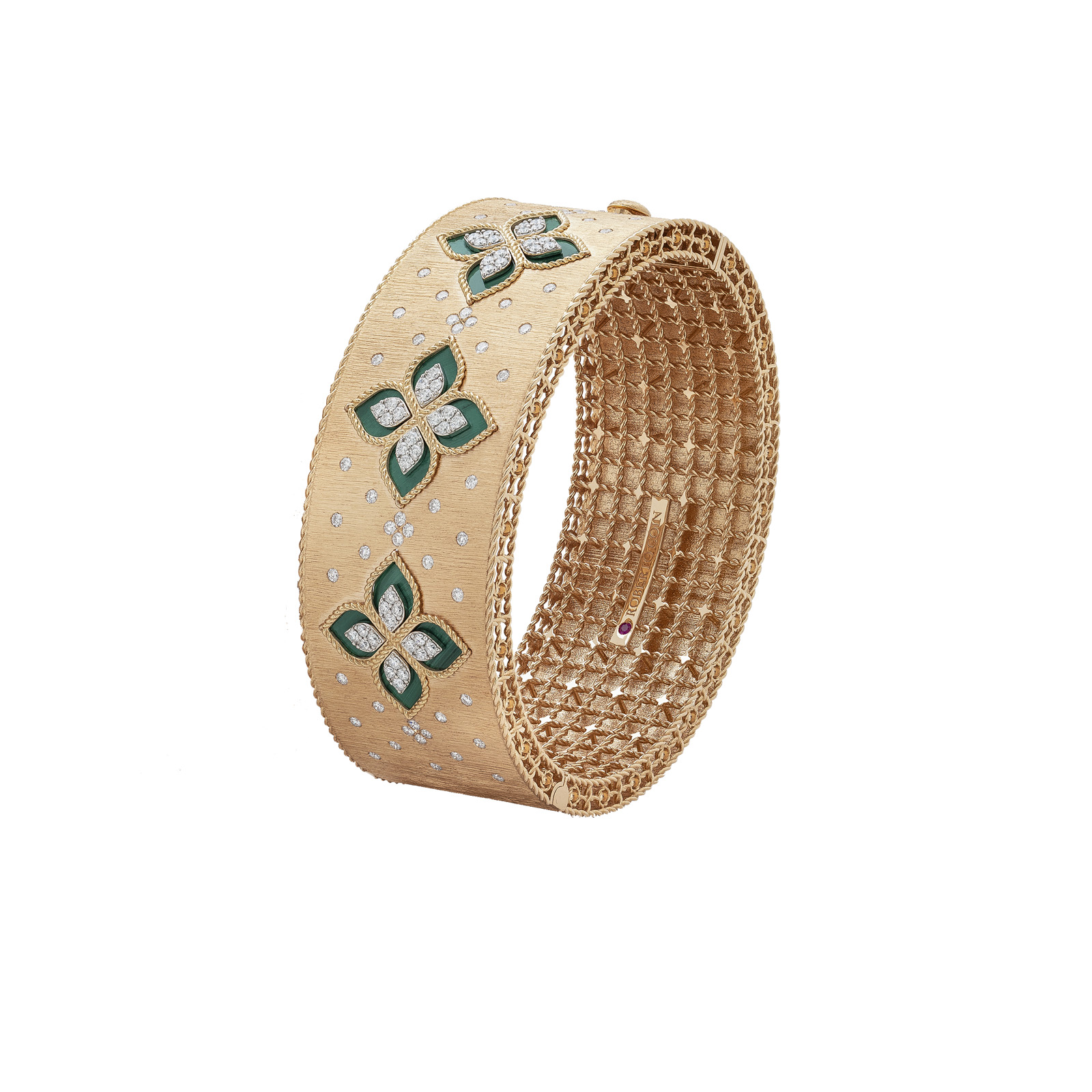18k Rose/white Gold Venetian Princess Diamond & Malachite Wide Bangle