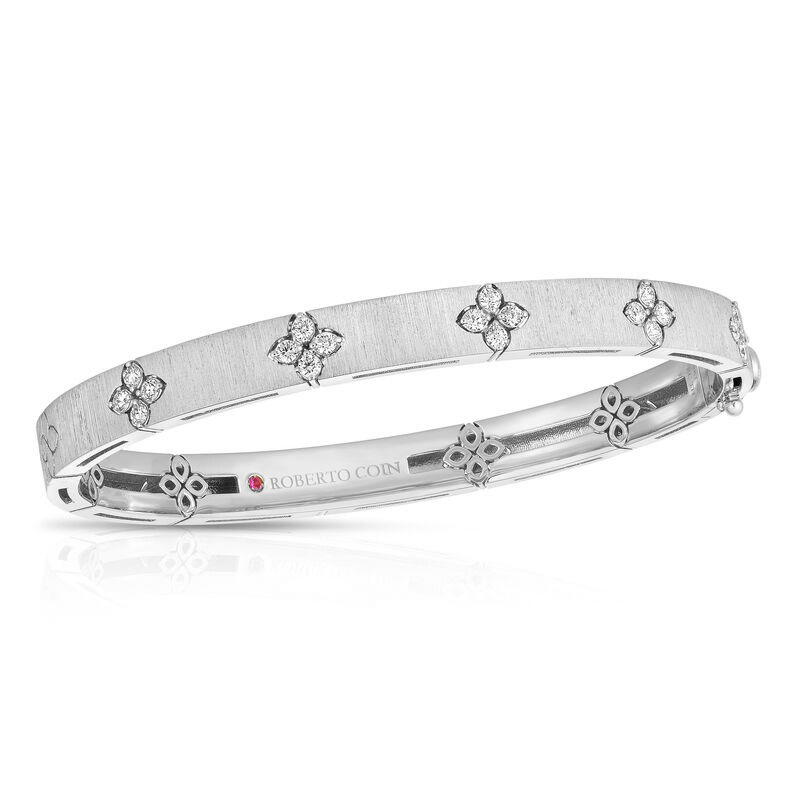 18k White Gold Love In Verona Medium Width Diamond Accent & Satin Finish Bangle