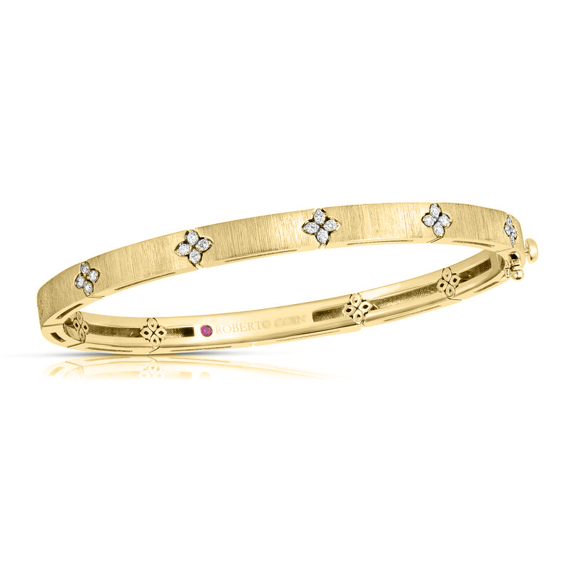 18k Yellow Gold Love In Verona Narrow Width Diamond Accent & Satin Finish Bangle