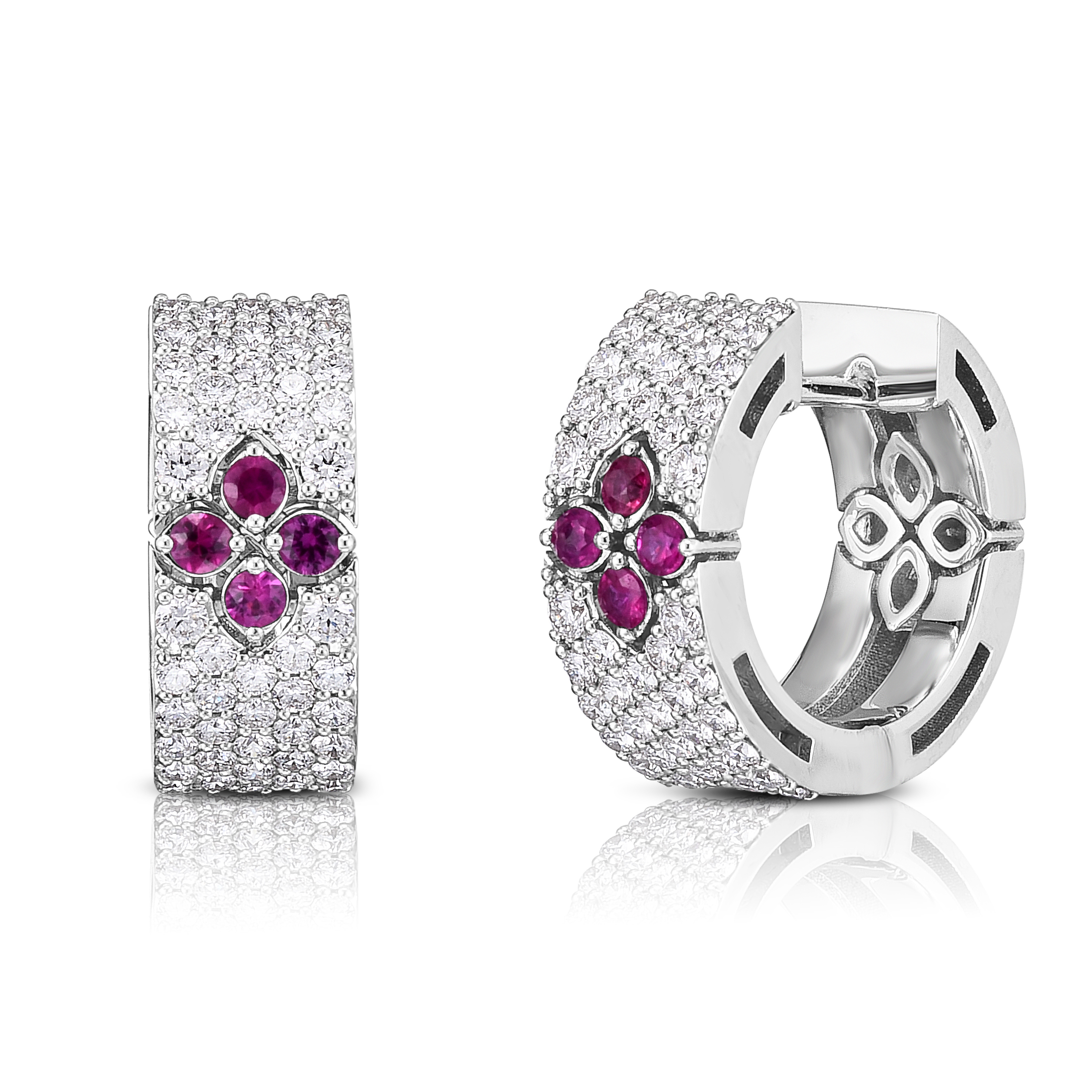 18k White Gold Love In Verona Pave Diamond & Ruby Small Hoop Earrings