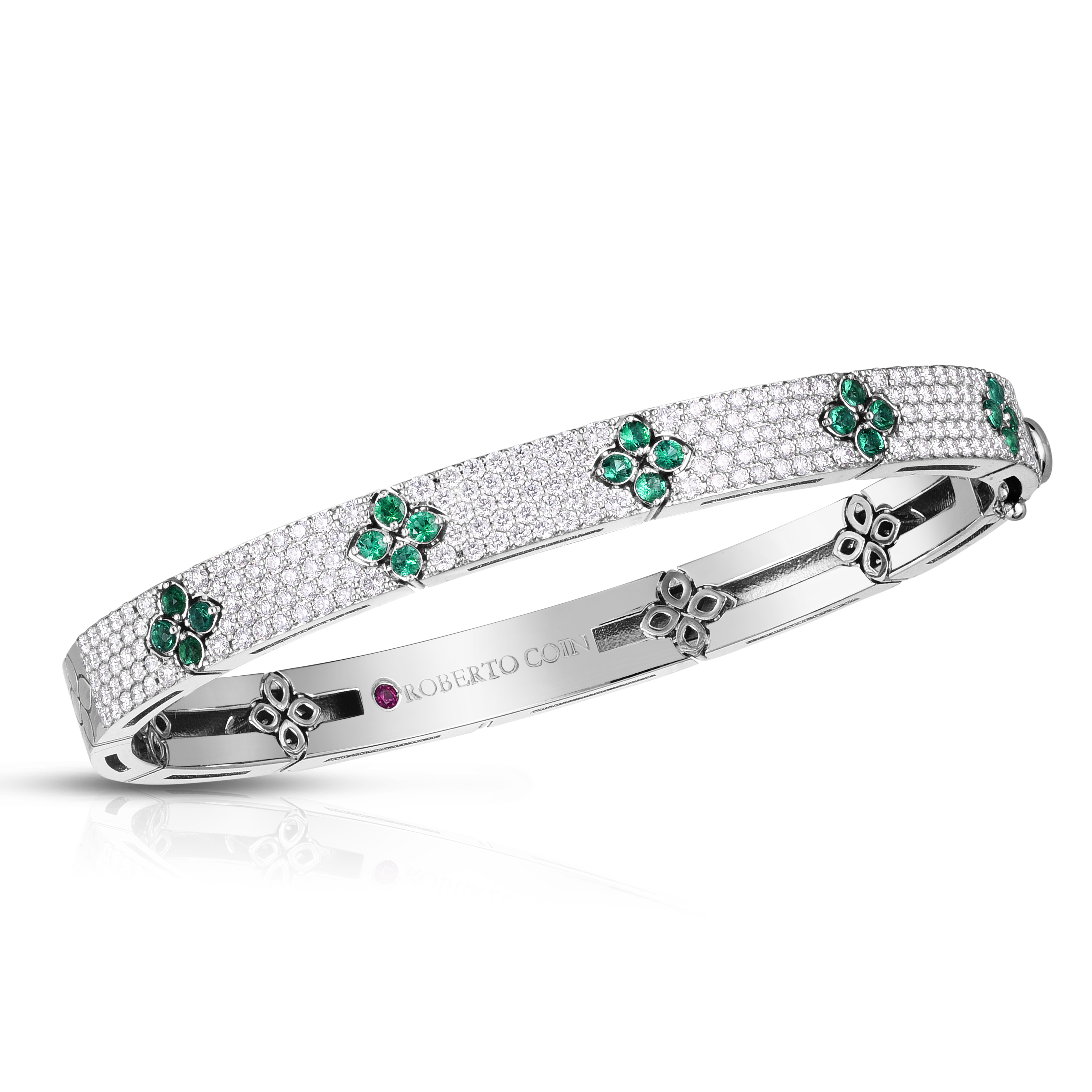 18k White Gold Love In Verona Pave Diamond & Emerald Bangle