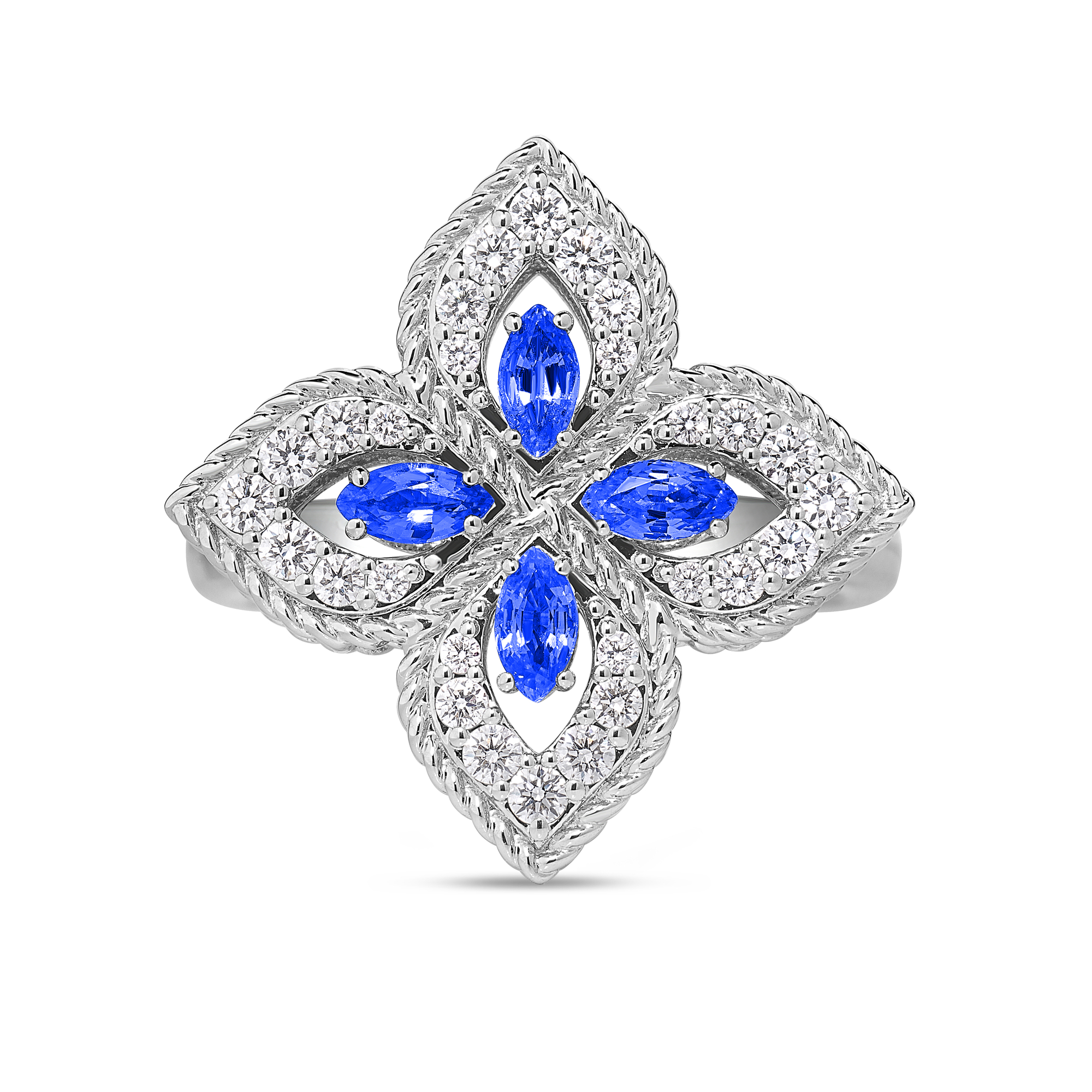 18k White Gold Princess Flower Pave Diamond And Blue Sapphire Ring