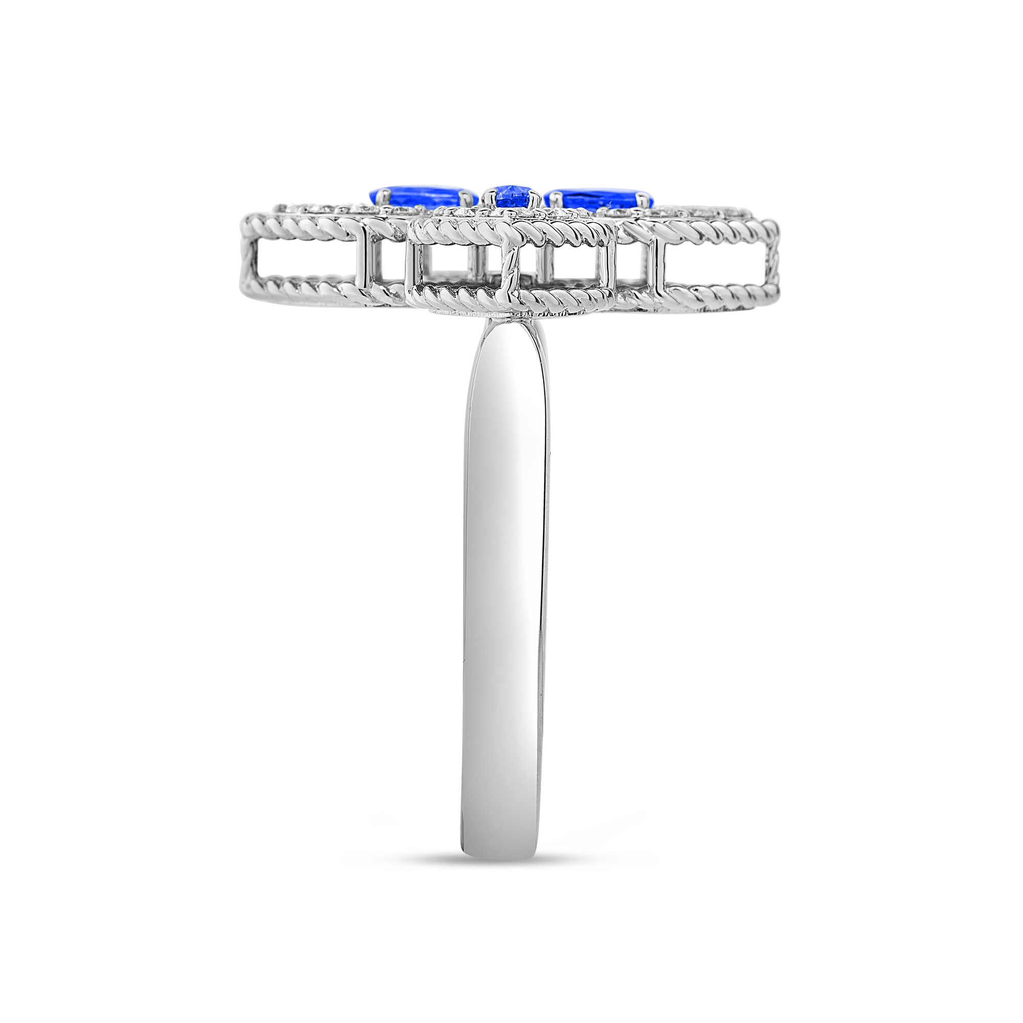 18k White Gold Princess Flower Pave Diamond And Blue Sapphire Ring