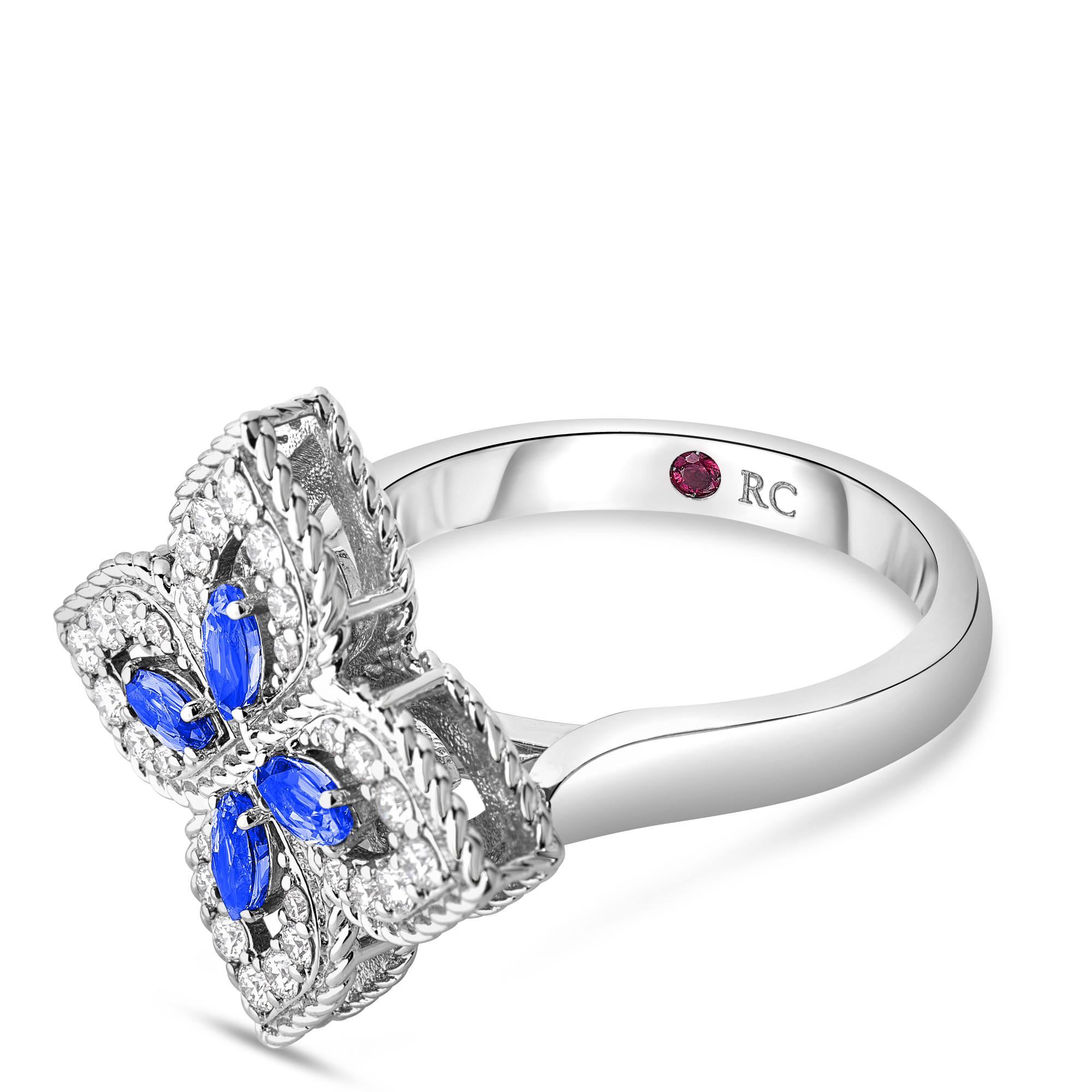 18k White Gold Princess Flower Pave Diamond And Blue Sapphire Ring