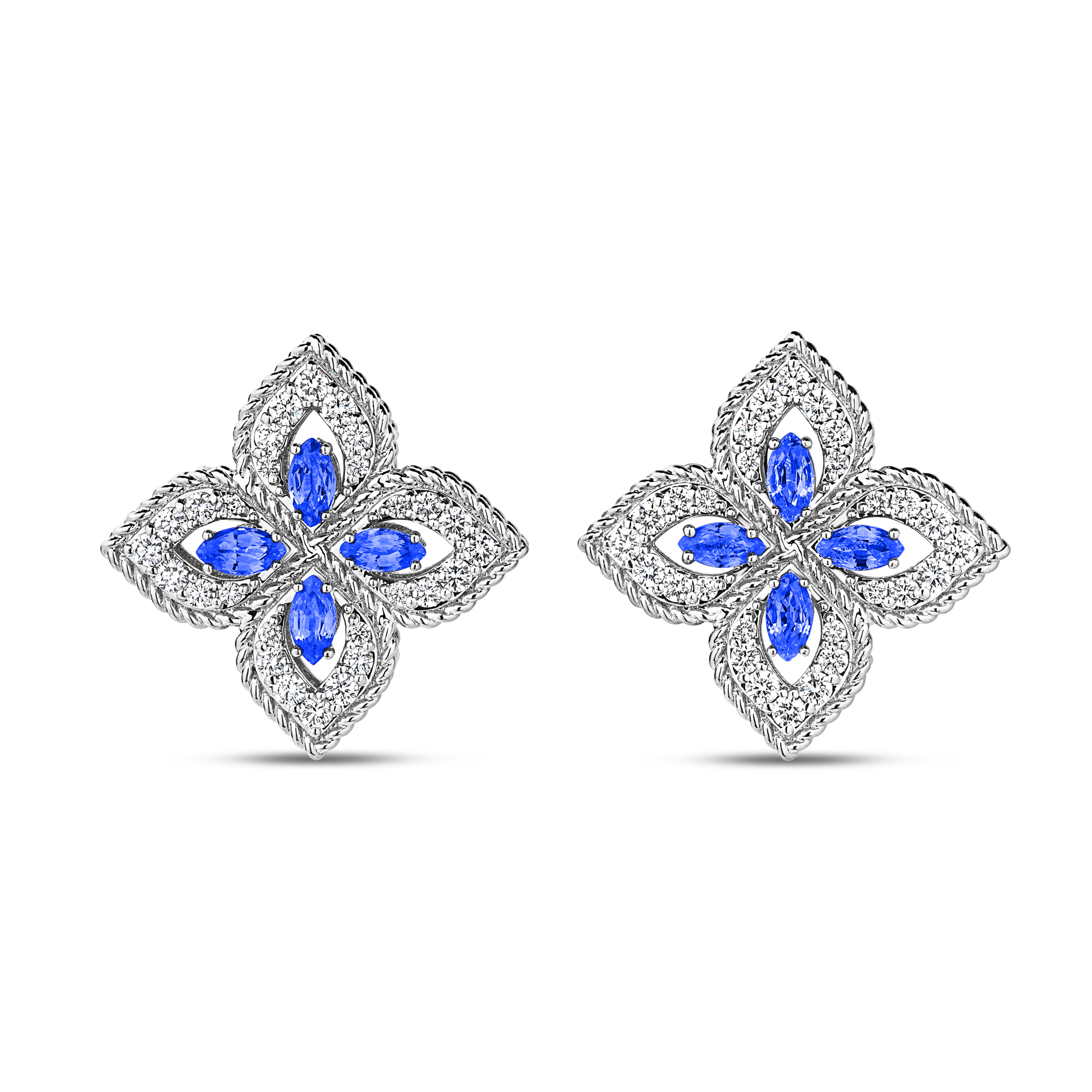 18k White Gold Princess Flower Pave Diamond And Blue Sapphire Stud Earrings