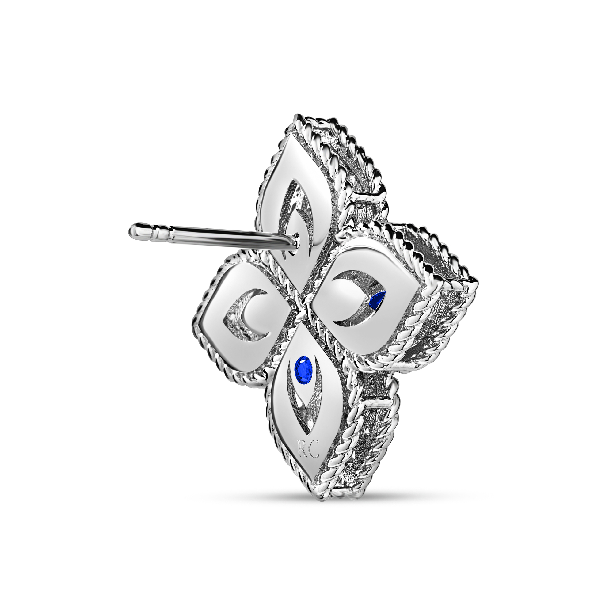 18k White Gold Princess Flower Pave Diamond And Blue Sapphire Stud Earrings