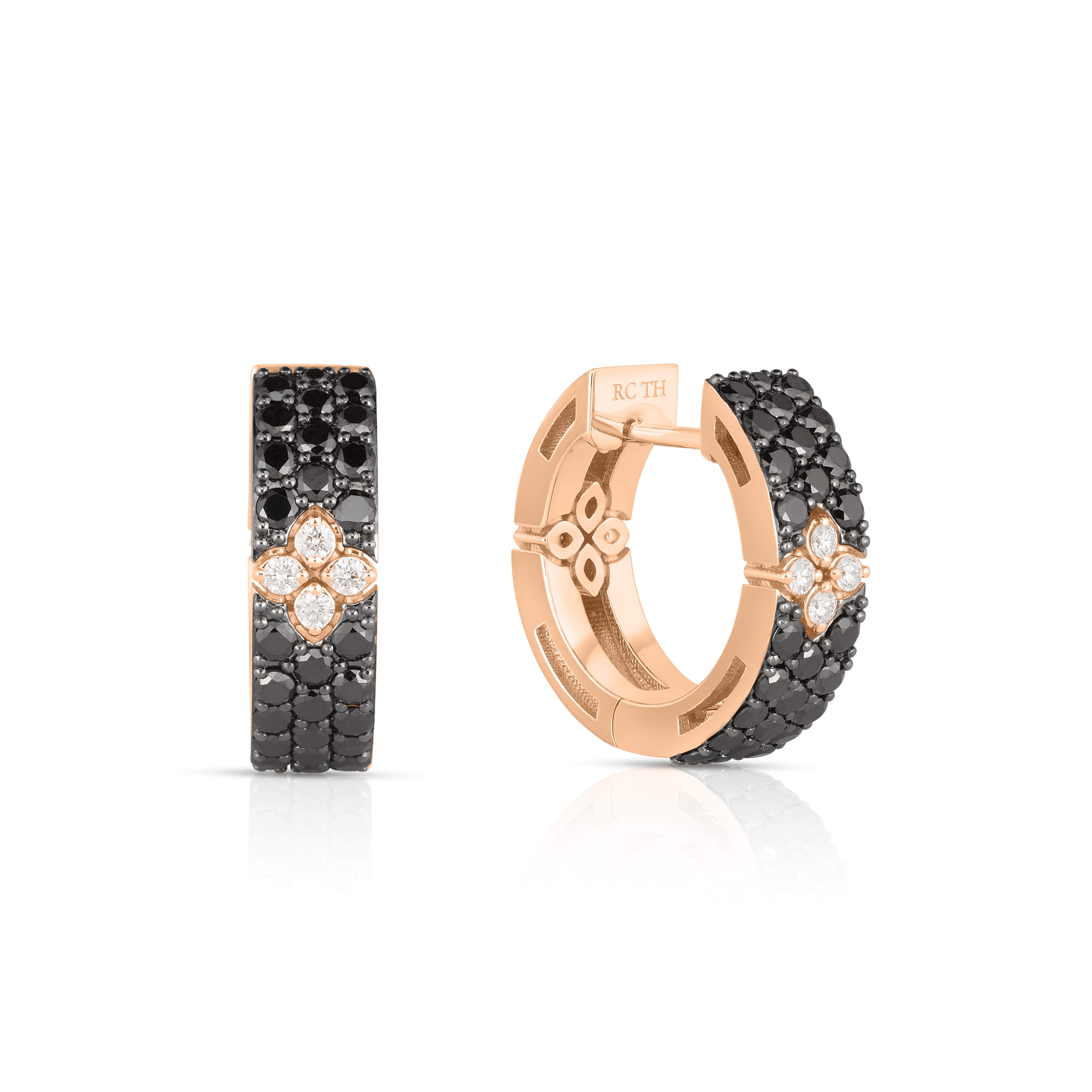 18k Rose Gold Love In Verona Pave Black & White Diamond Hoop Earrings
