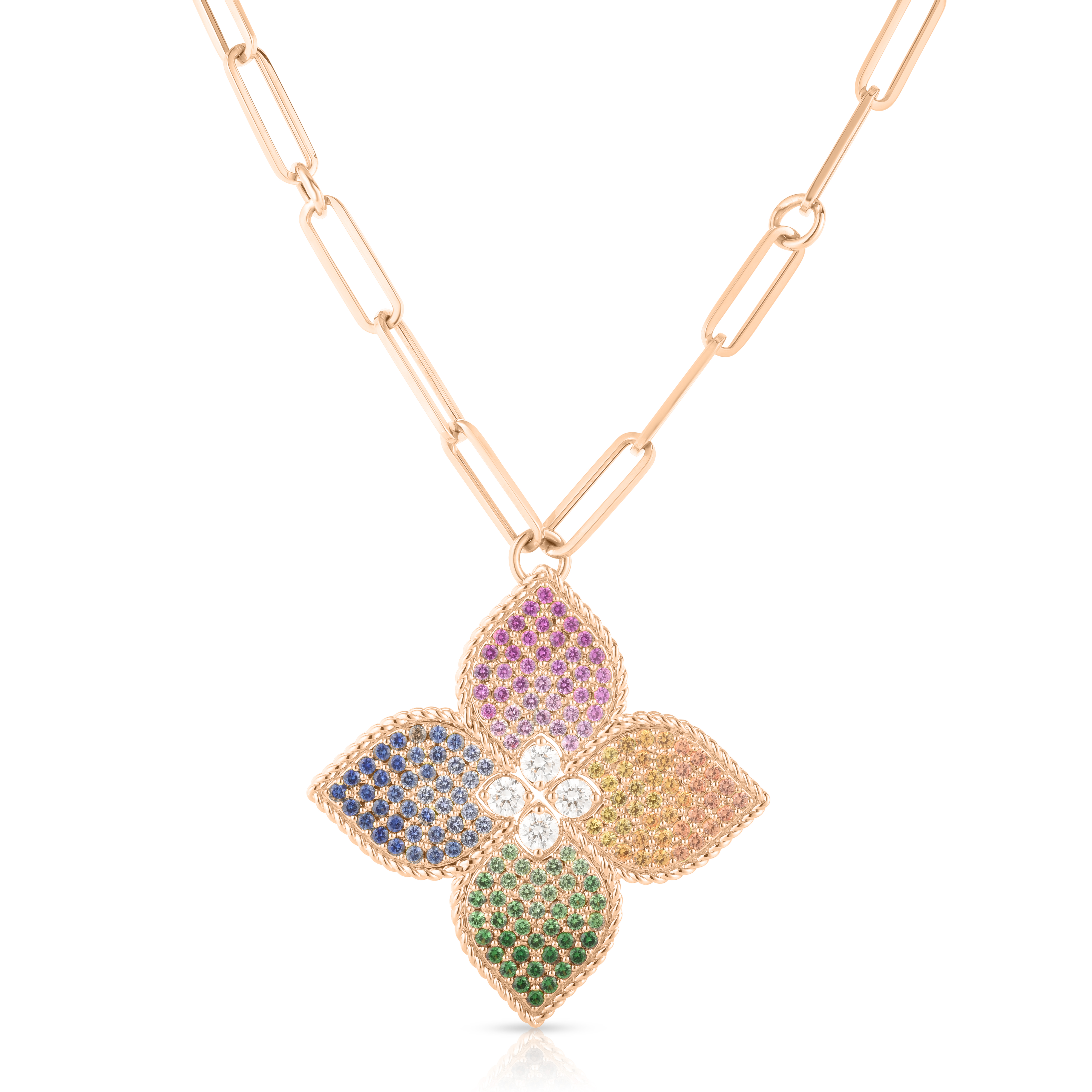 18k Rose Gold Venetian Princess Diamond & Mixed Sapphire Flower Long Necklace