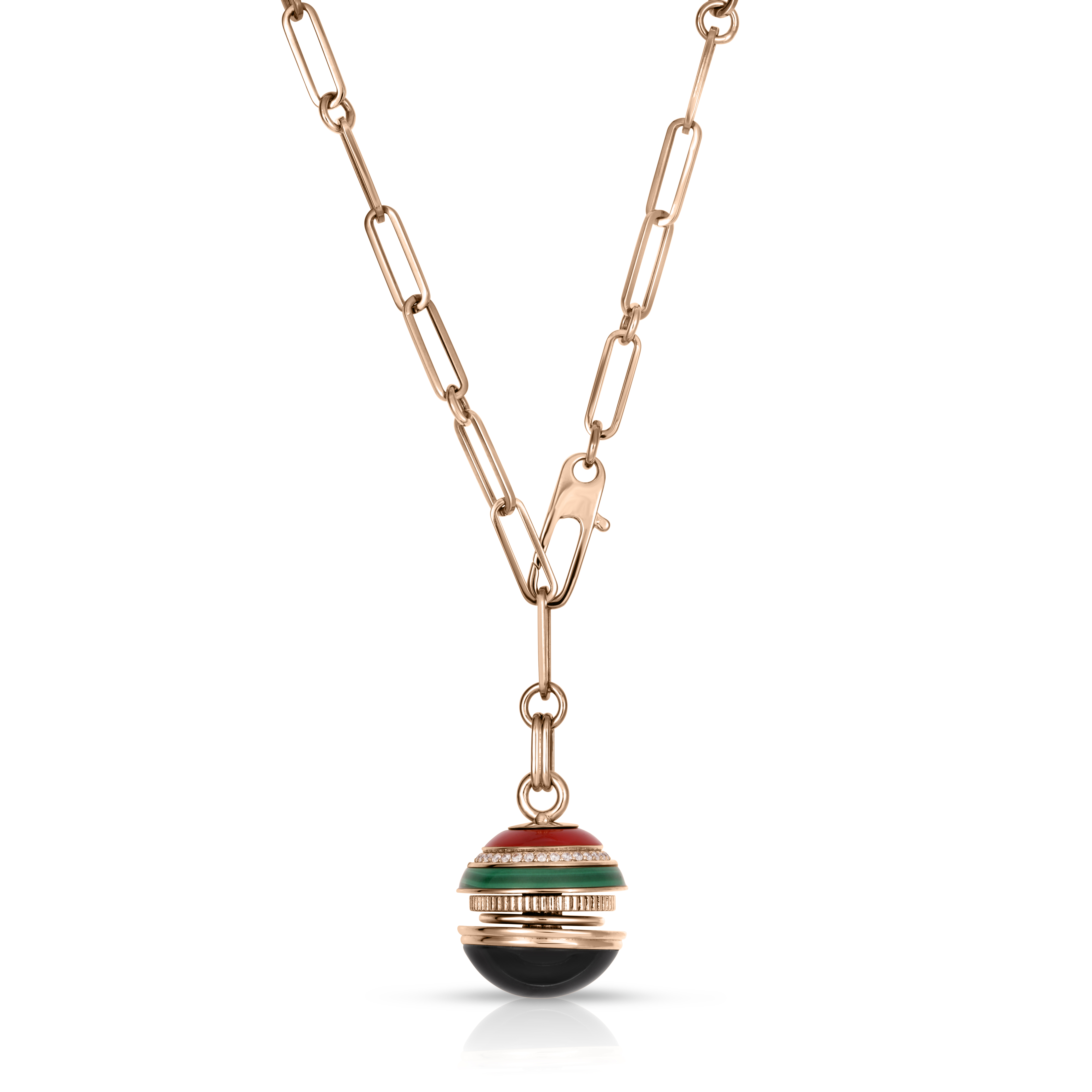 18k Rose Gold Art Deco Mosaic Diamond, Black Jade, Malachite, & Red Coral Sphere Necklace