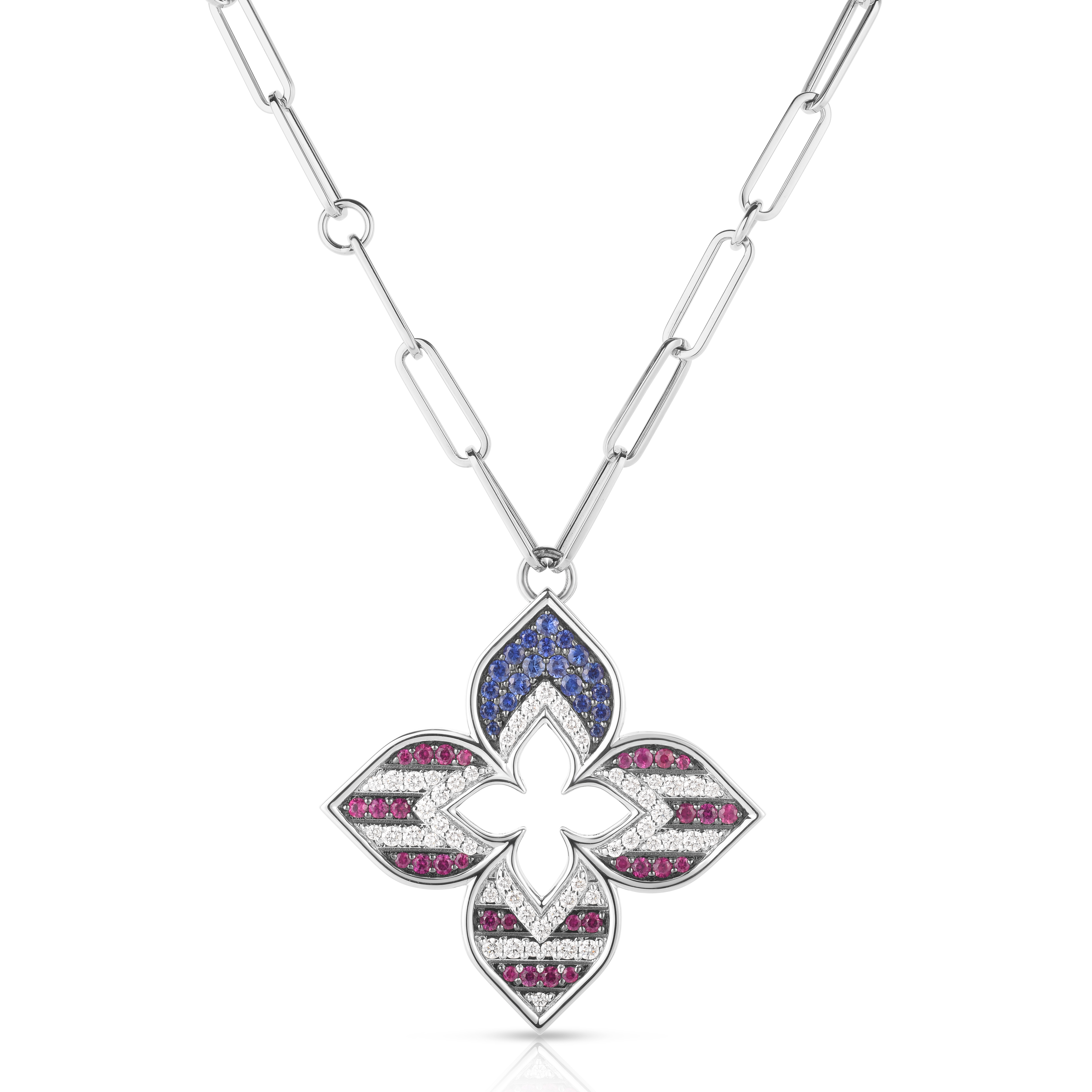 18k White Gold Venetian Princess American Flag Flower Long Necklace