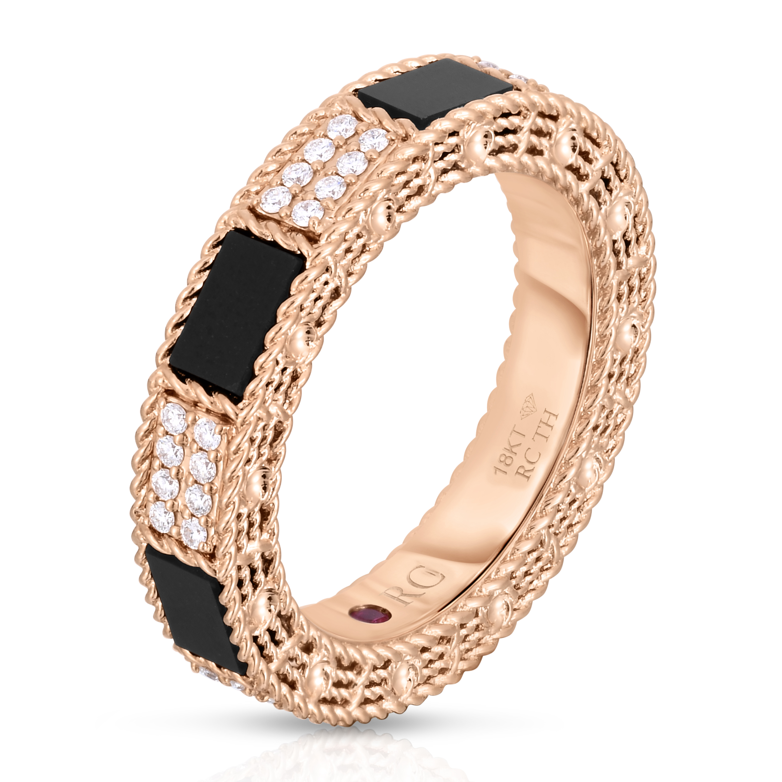 18k Rose Gold Art Deco Mosaic Alternating Diamond & Black Jade Ring