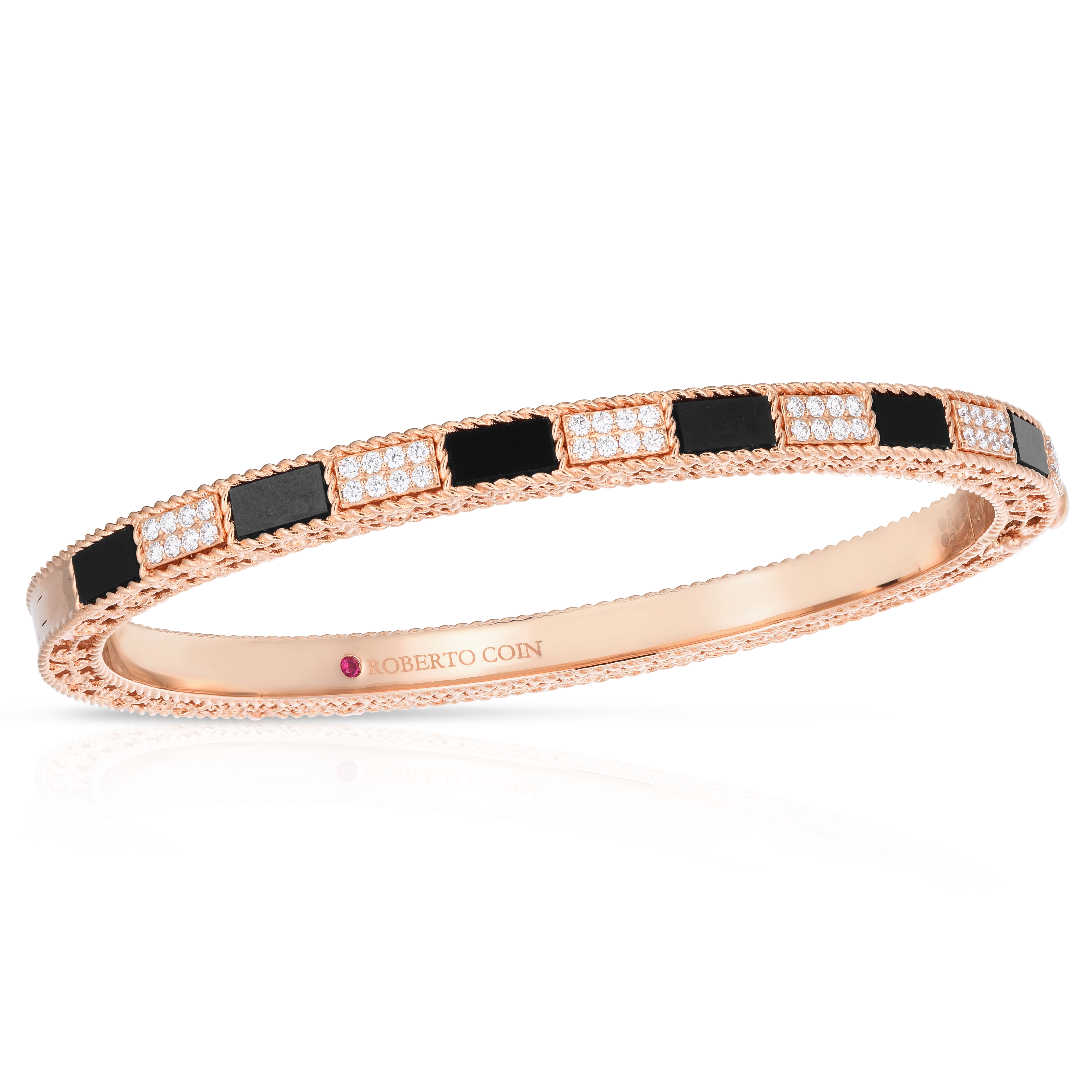 18k Rose Gold Art Deco Mosaic Alternating Diamond & Black Jade Bangle