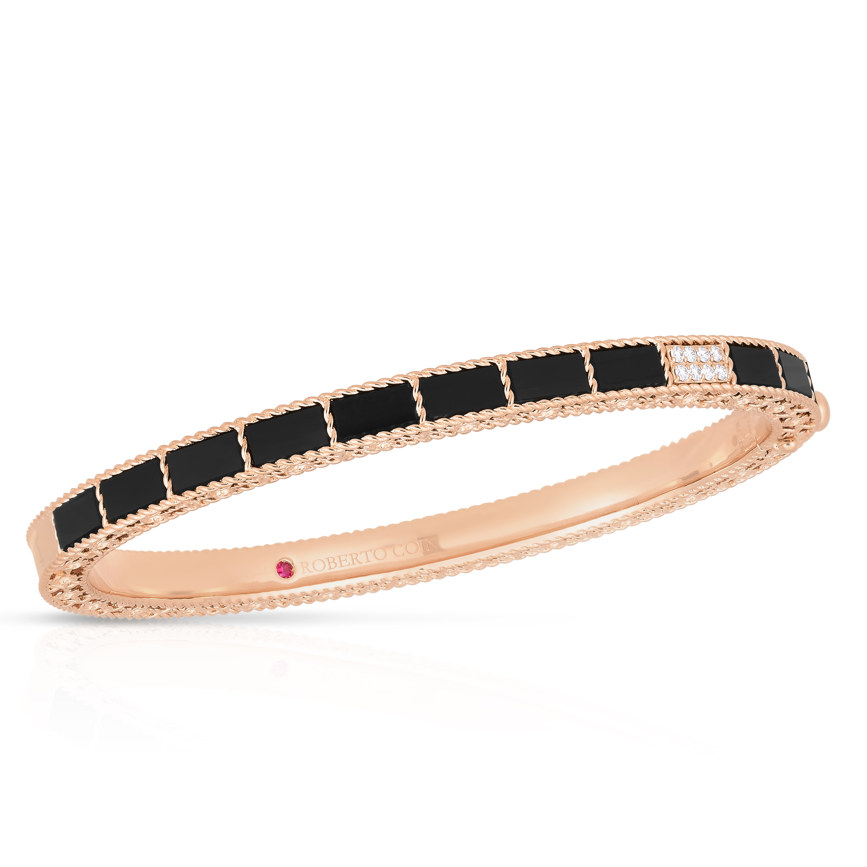 18k Rose Gold Art Deco Mosaic Diamond Accent & Black Jade Bangle