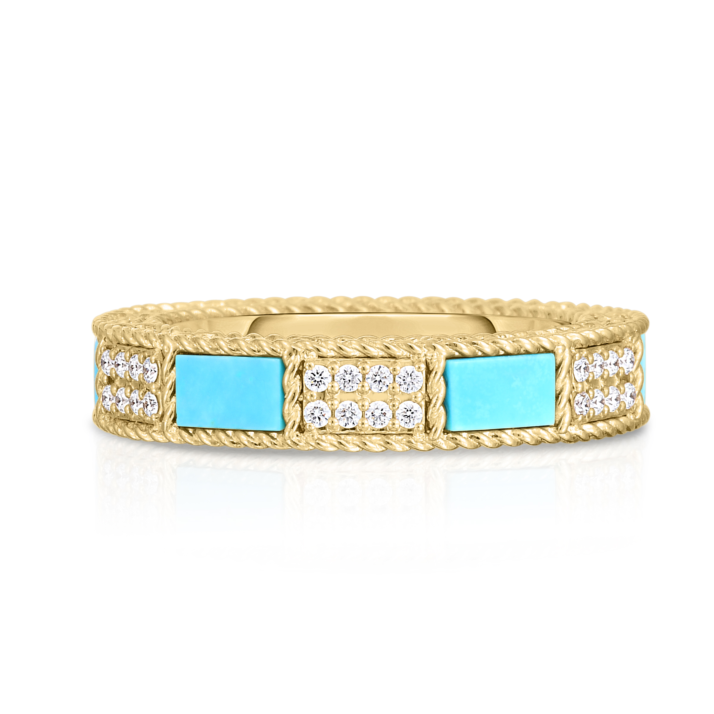 18k Yellow/white Gold Art Deco Mosaic Alternating Diamond & Turquoise Ring