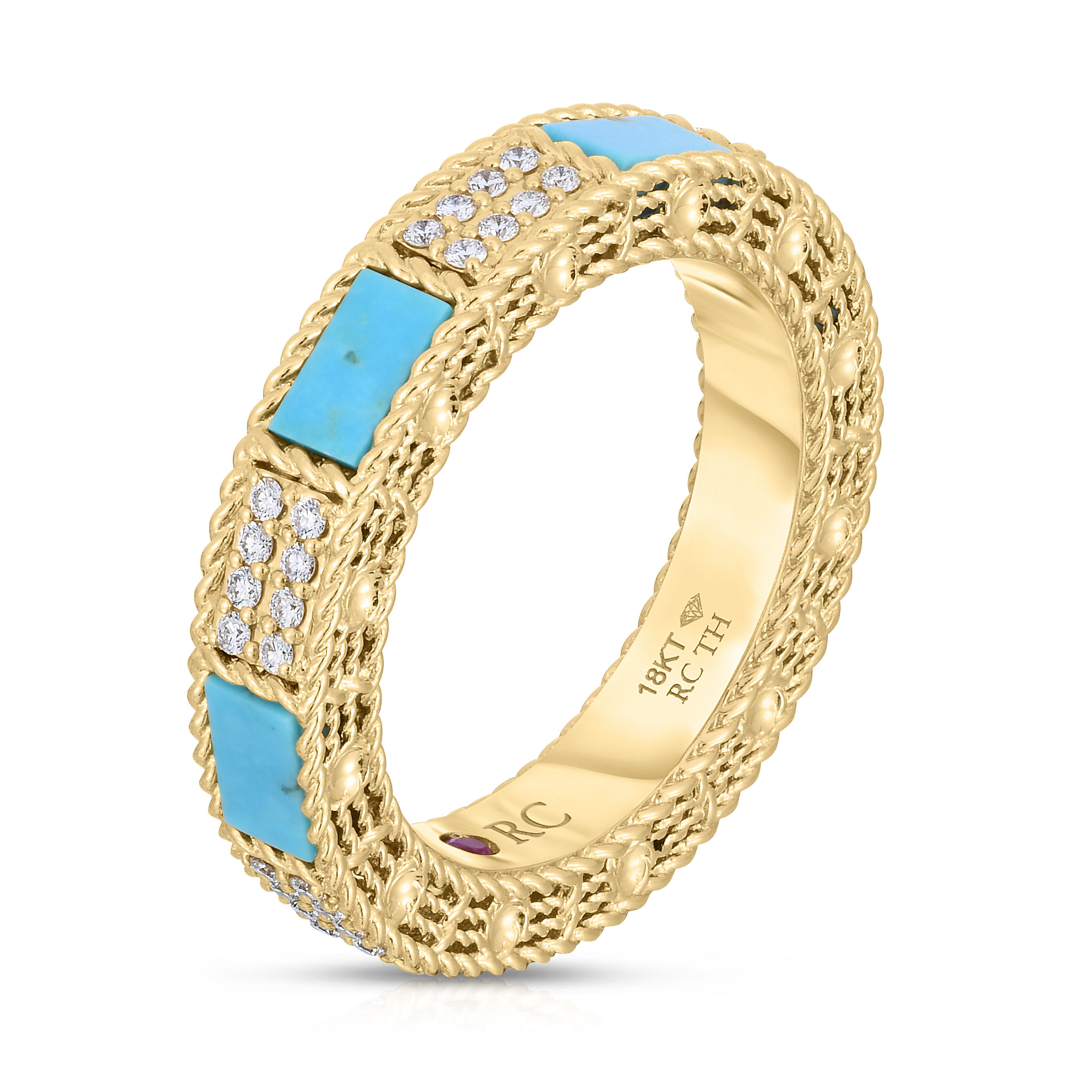 18k Yellow/white Gold Art Deco Mosaic Alternating Diamond & Turquoise Ring