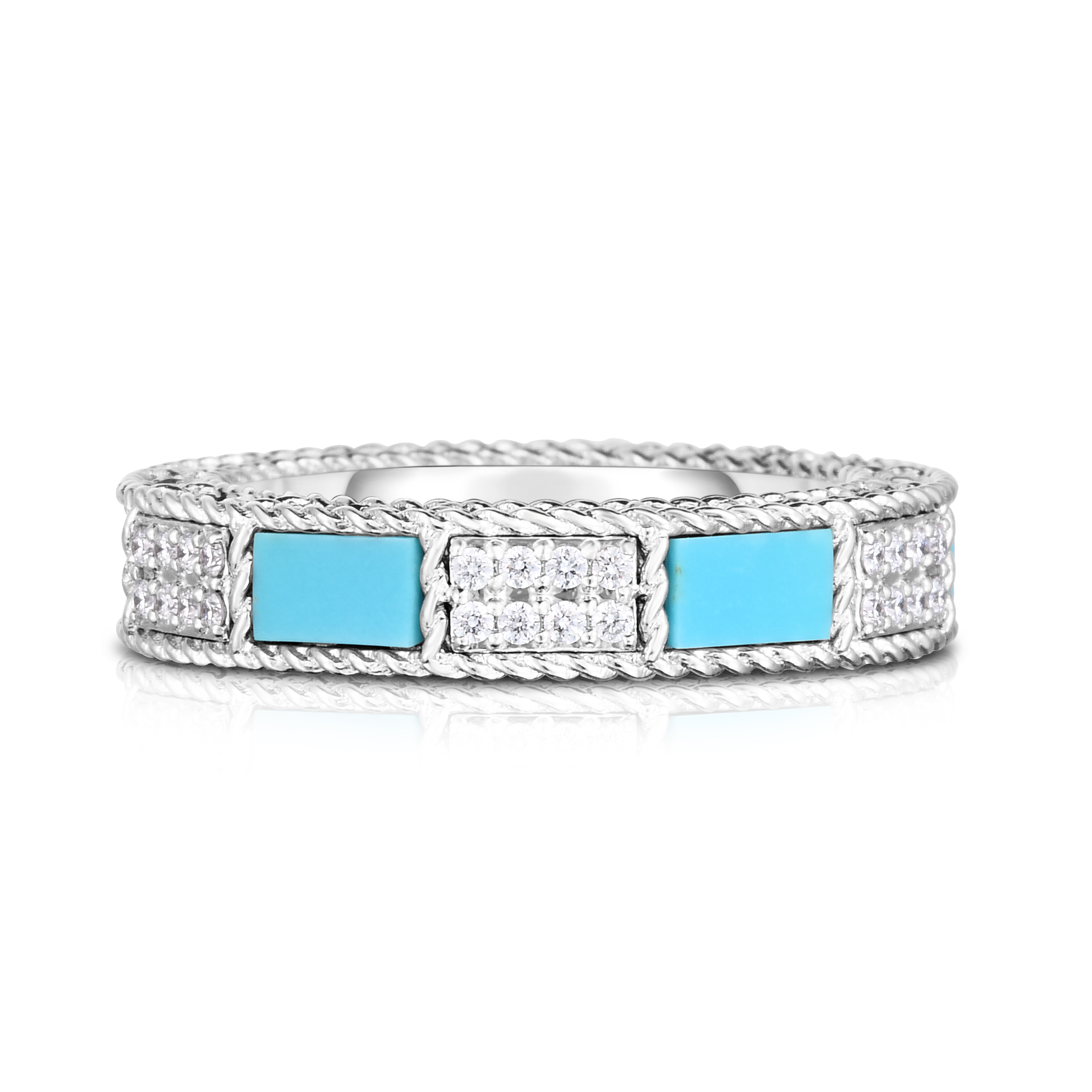 18k White Gold Art Deco Mosaic Alternating Diamond & Turquoise Ring