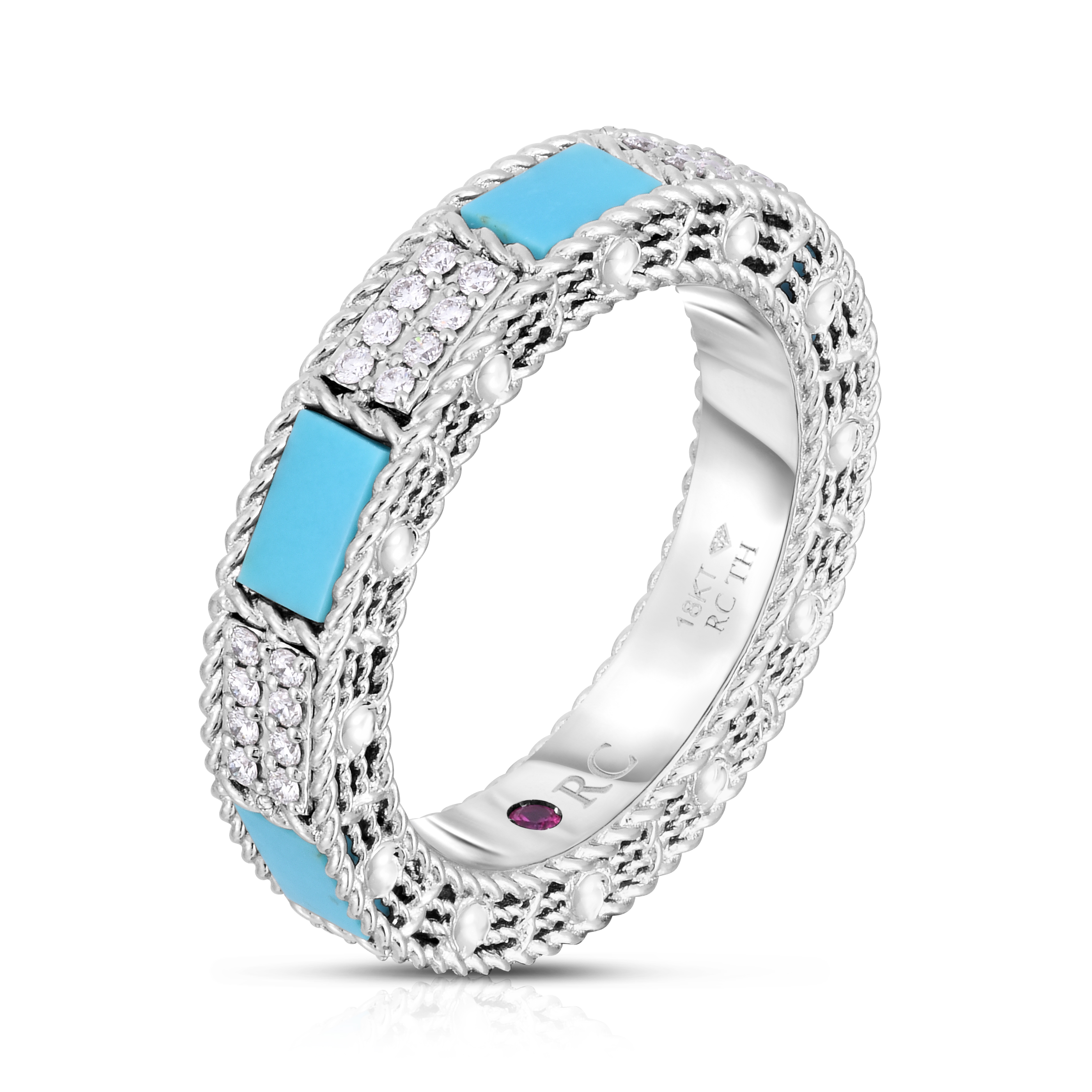 18k White Gold Art Deco Mosaic Alternating Diamond & Turquoise Ring