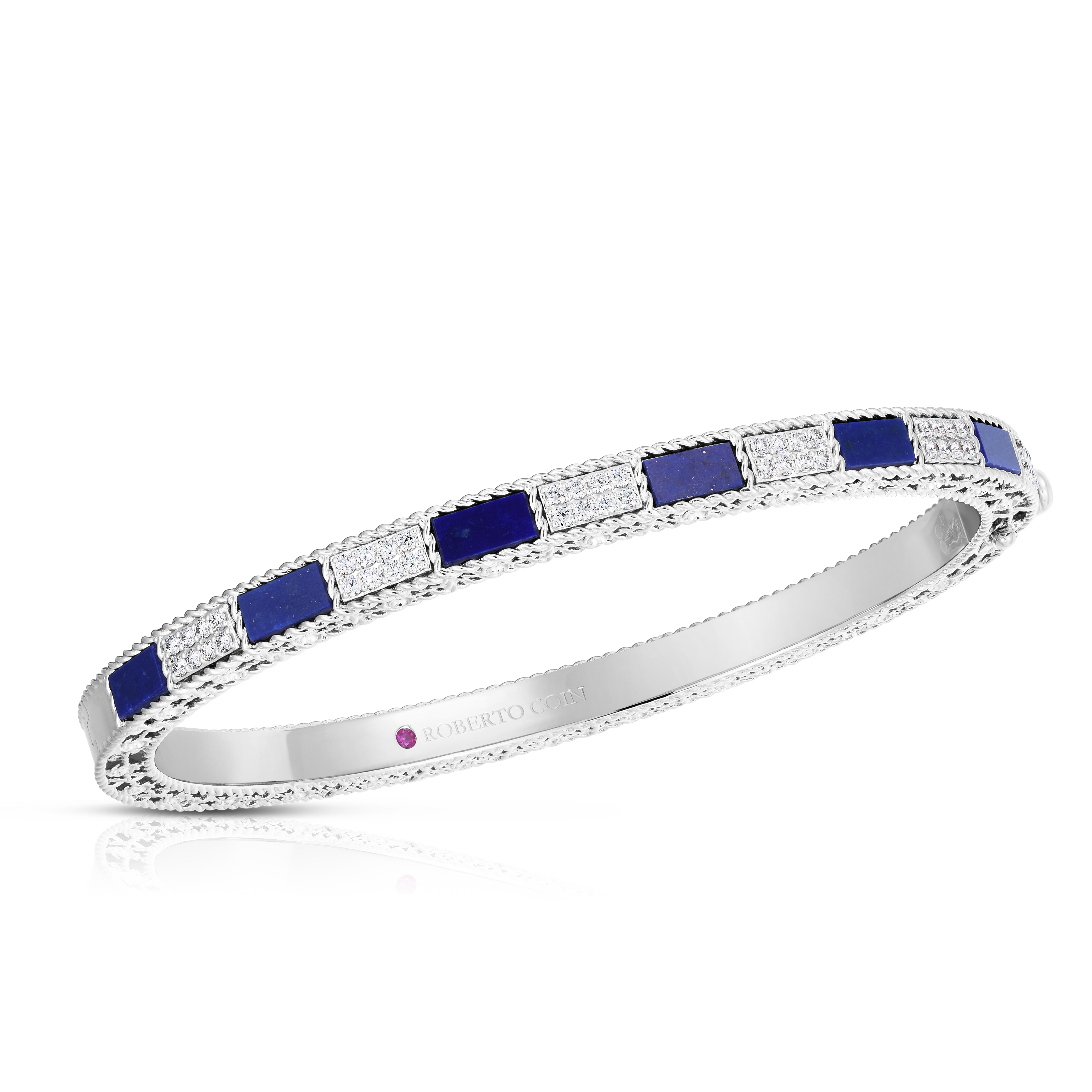 18k White Gold Art Deco Mosaic Alternating Diamond & Lapis Bangle