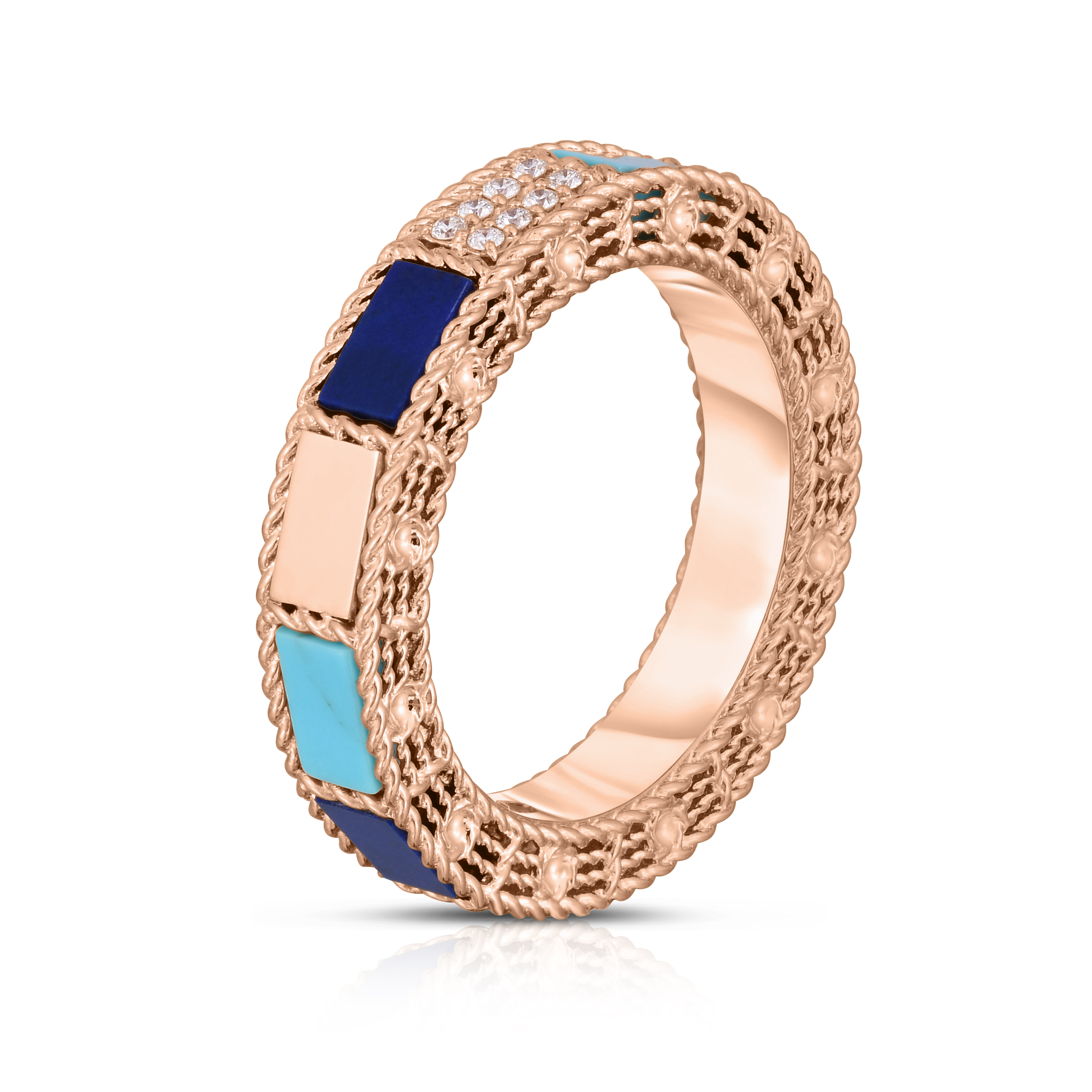 18k Rose Gold Art Deco Mosaic Alternating Diamond, Lapis, & Turquoise Ring