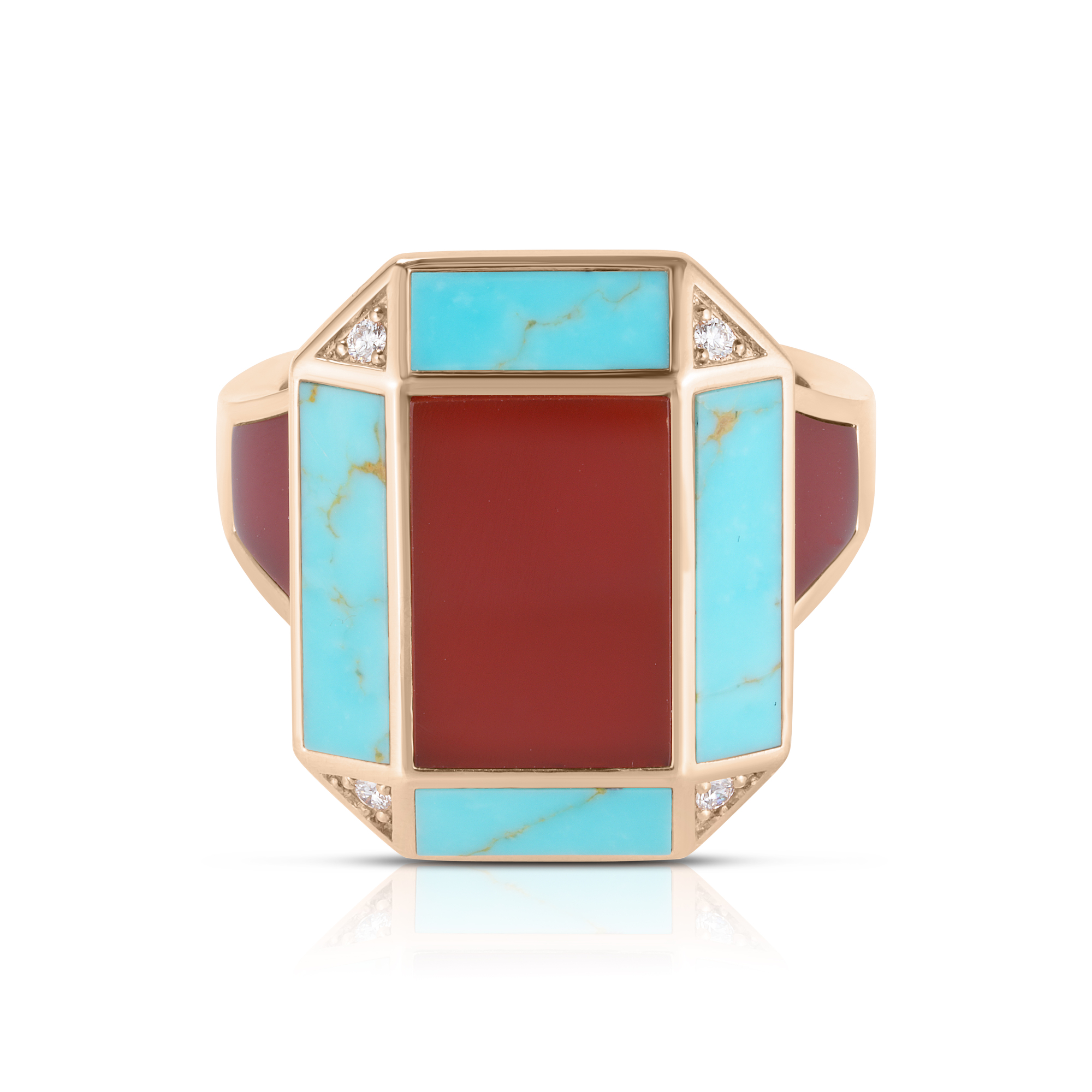 18k Rose Gold Art Deco Mosaic Diamond, Red Agate, & Turquoise Ring