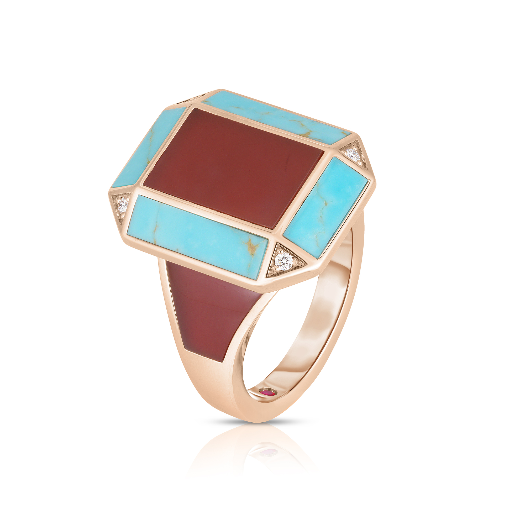 18k Rose Gold Art Deco Mosaic Diamond, Red Agate, & Turquoise Ring