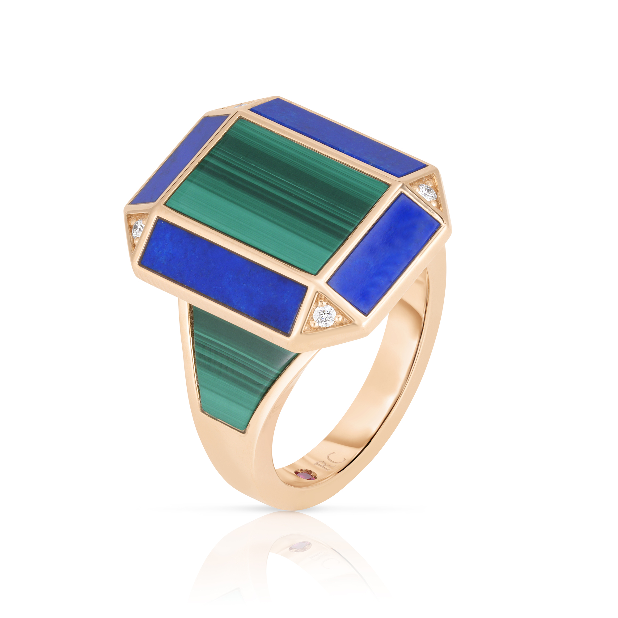 18k Rose Gold Art Deco Mosaic Diamond, Lapis, & Malachite Ring