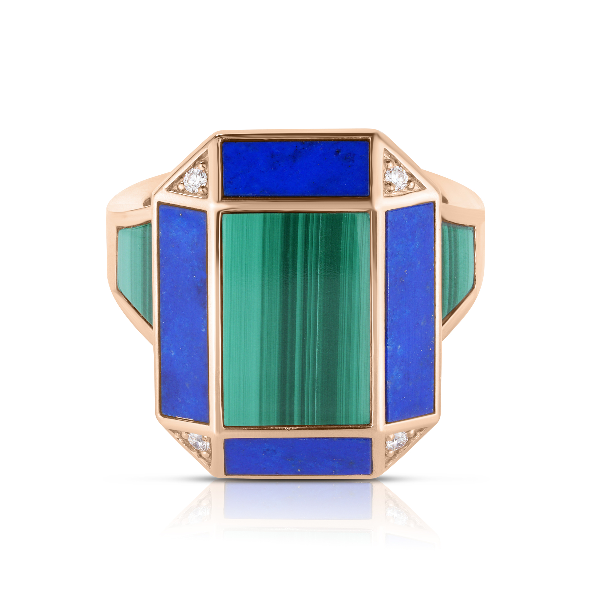 18k Rose Gold Art Deco Mosaic Diamond, Lapis, & Malachite Ring