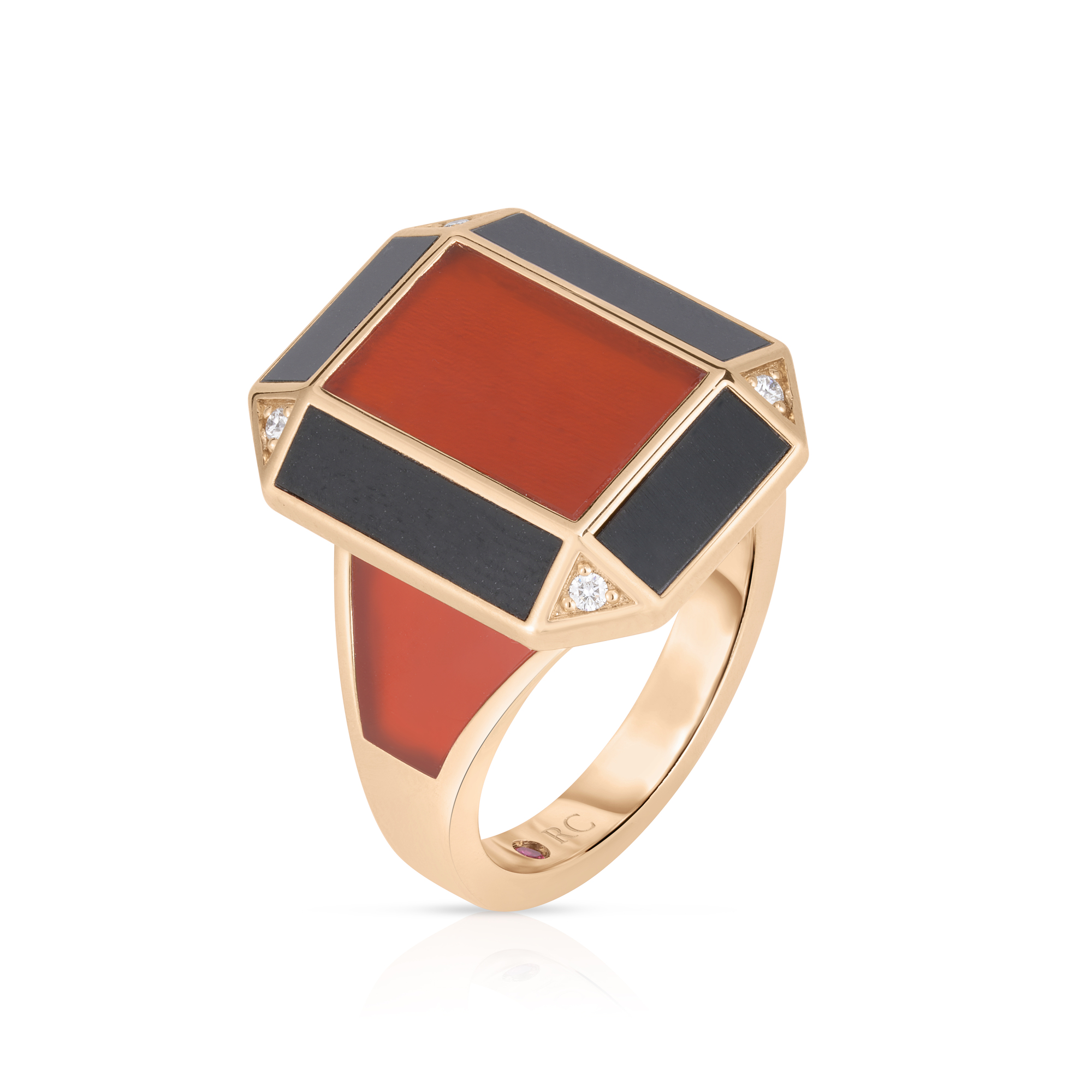 18k Rose Gold Art Deco Mosaic Diamond, Black Jade, & Red Agate Ring
