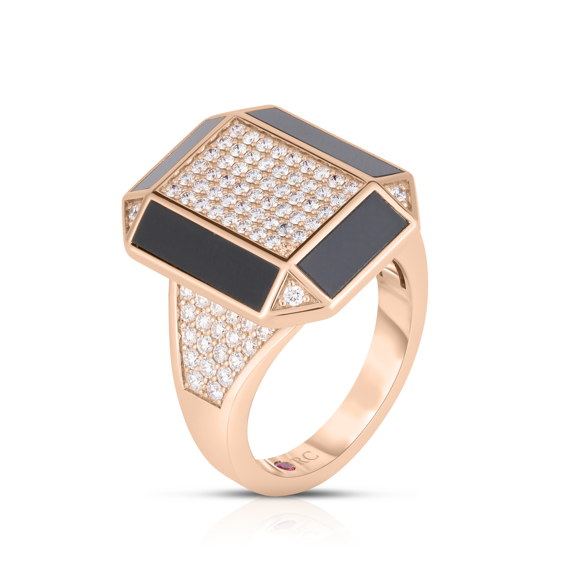 18k Rose Gold Art Deco Mosaic Diamond & Black Jade Ring