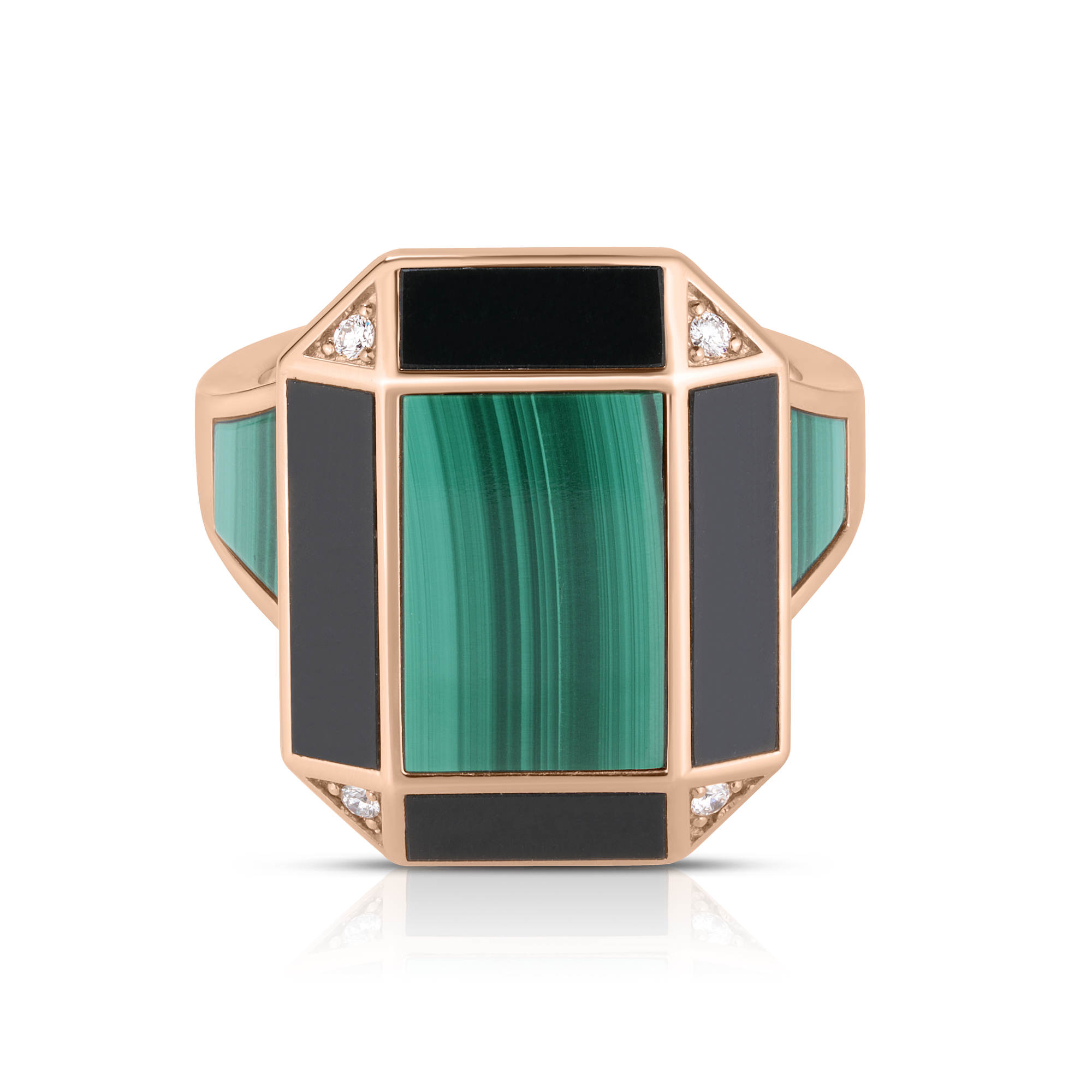 18k Rose Gold Art Deco Mosaic Diamond, Black Jade, & Malachite Ring