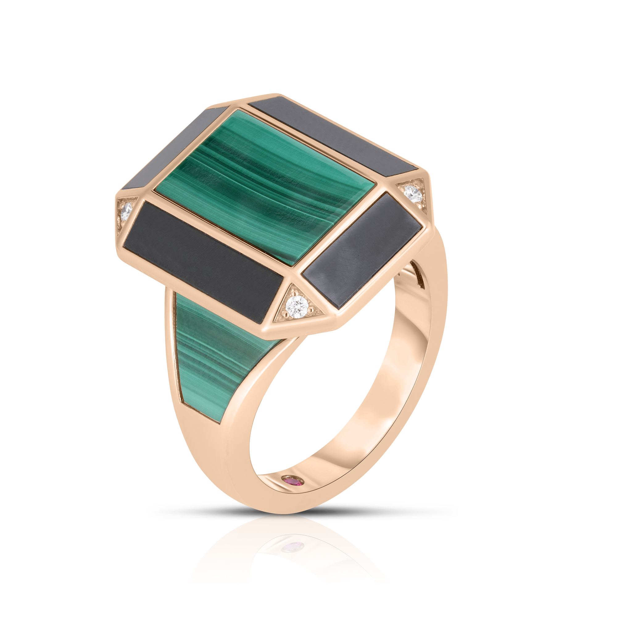 18k Rose Gold Art Deco Mosaic Diamond, Black Jade, & Malachite Ring