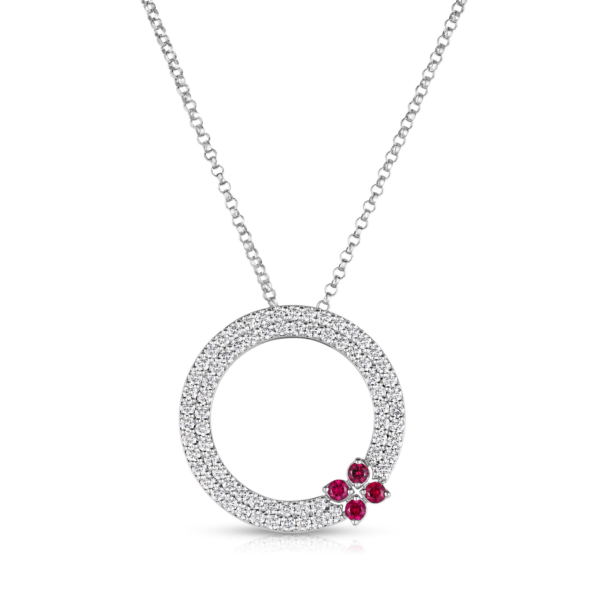 18k White Gold Love In Verona Pave Diamond And Ruby Circle Necklace