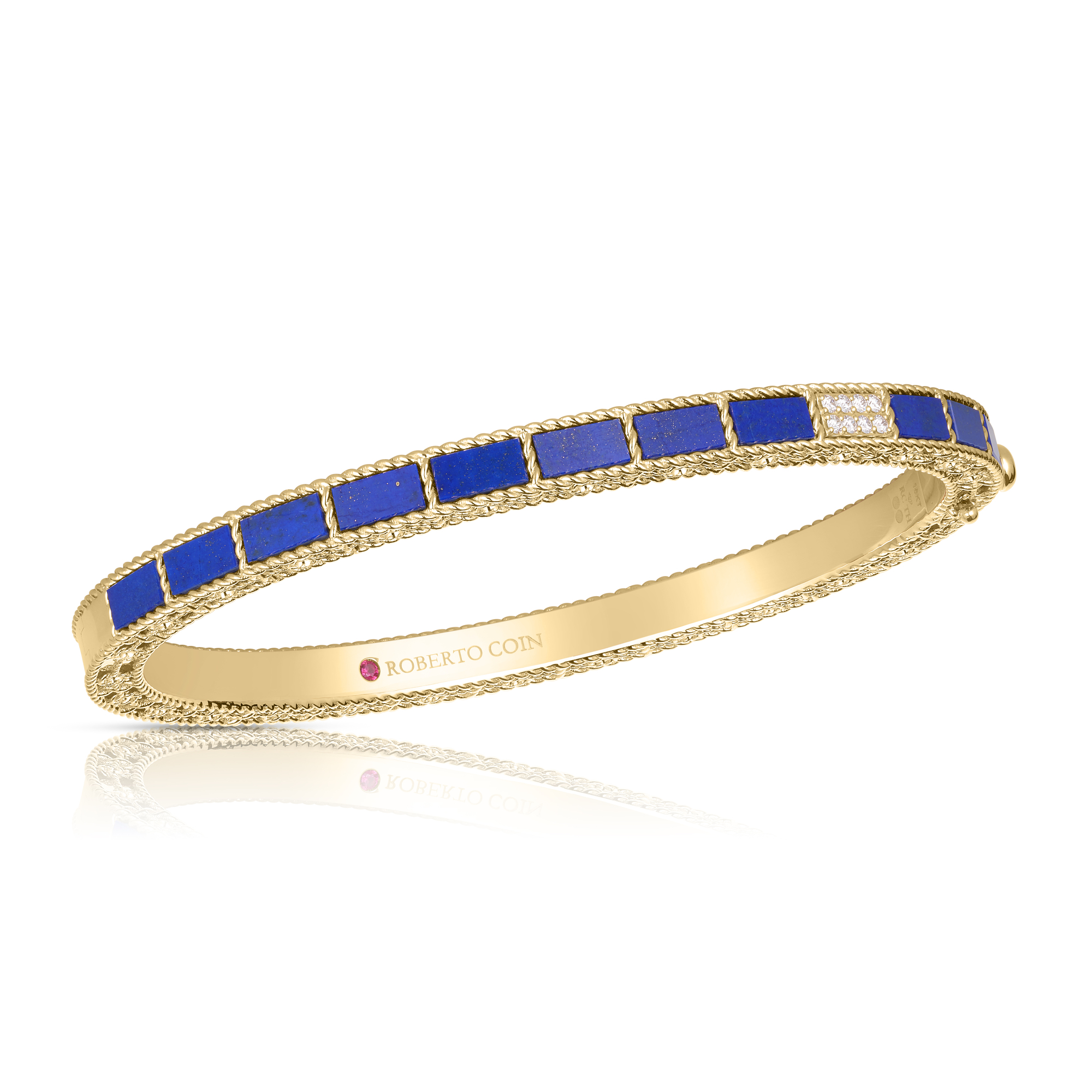 18k Yellow Gold Art Deco Mosaic Diamond Accent & Lapis Bangle