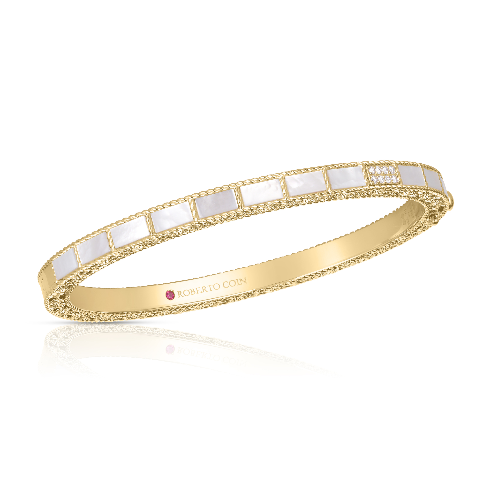 18k Yellow Gold Art Deco Mosaic Diamond Accent & Mother Of Pearl Bangle
