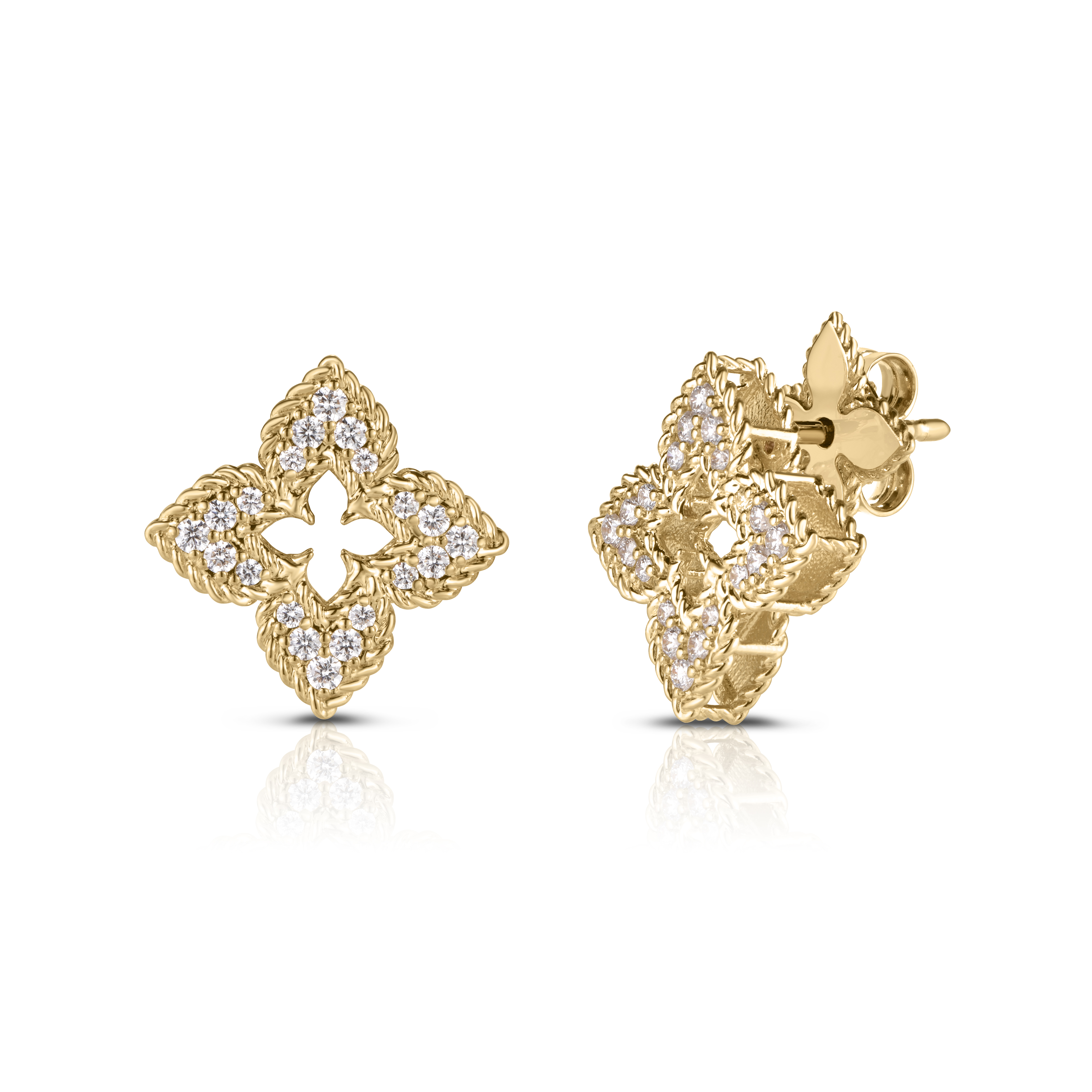 18k Yellow Gold Ventian Princess Small Diamond Pave Flower Stud Earrings