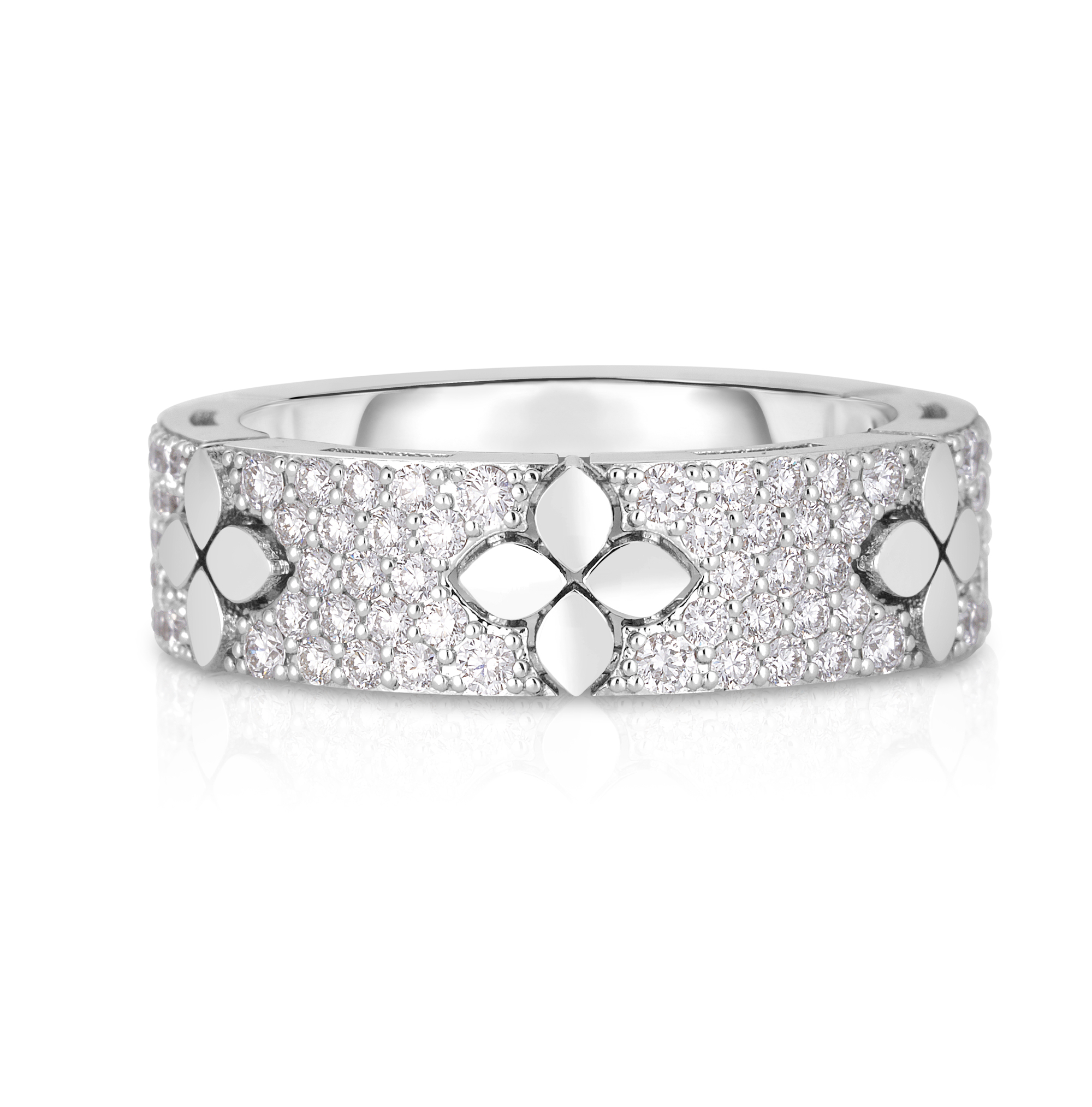 18k White Gold Love In Verona Pave Diamond & Polished Flower Ring