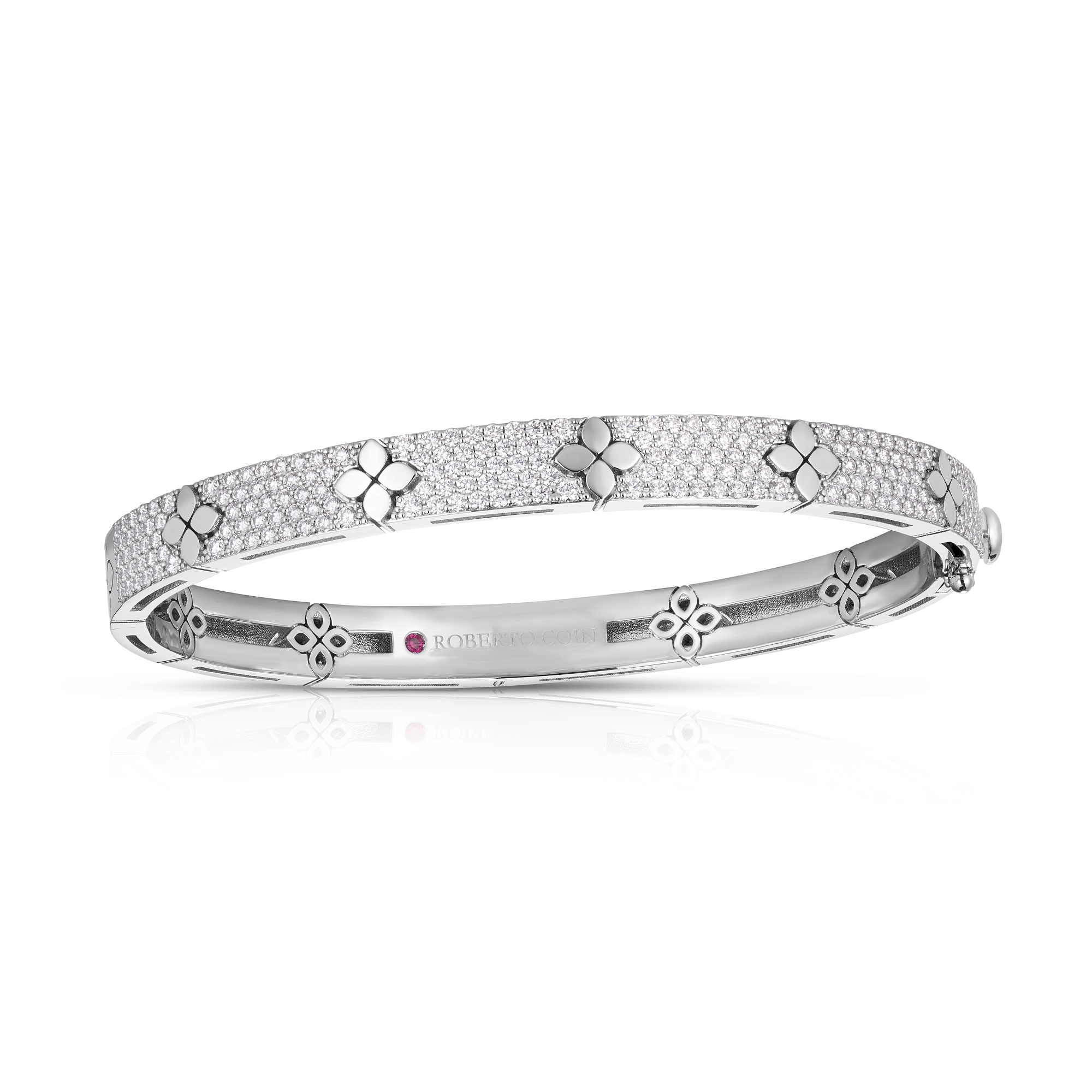 18k White Gold Love In Verona Pave Diamond & Polished Flower Bangle