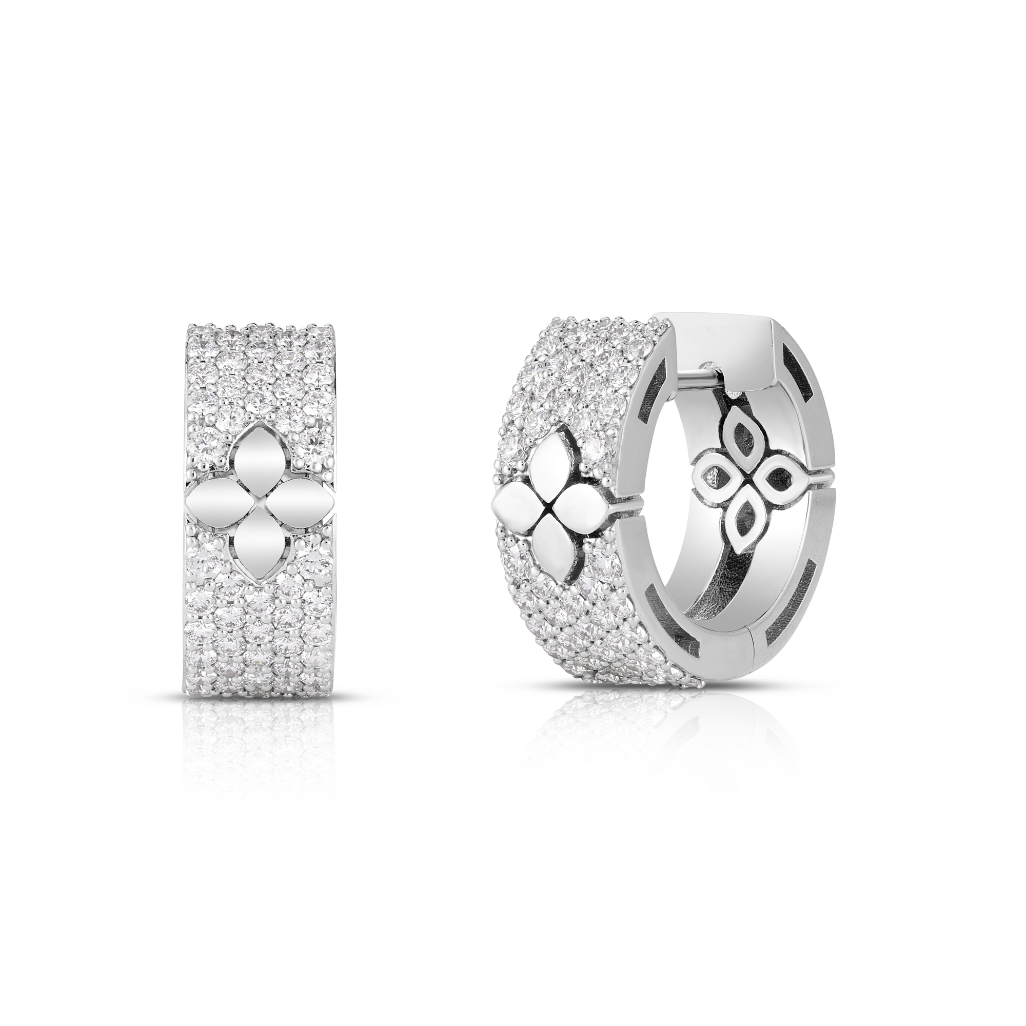 18k White Gold Love In Verona Pave Diamond & Polished Flower Hoop Earrings