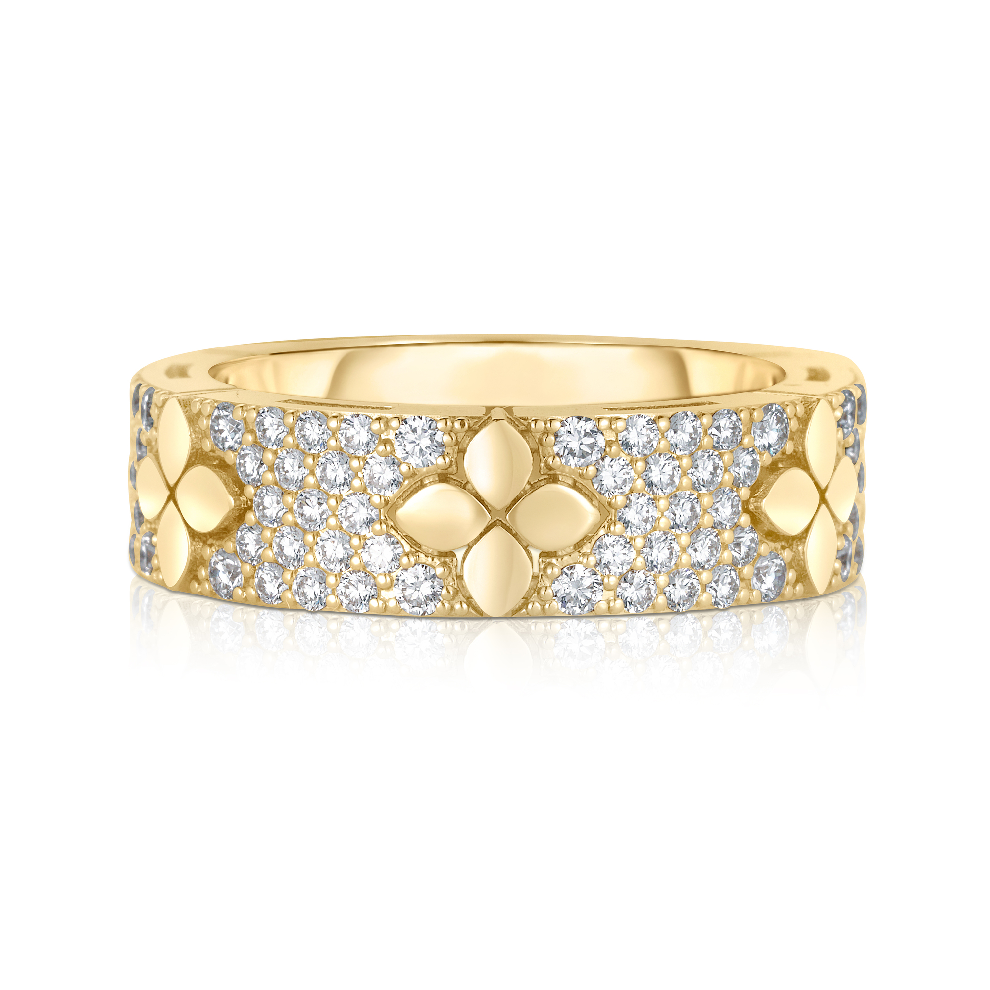 18k Yellow Gold Love In Verona Pave Diamond & Polished Flower Ring
