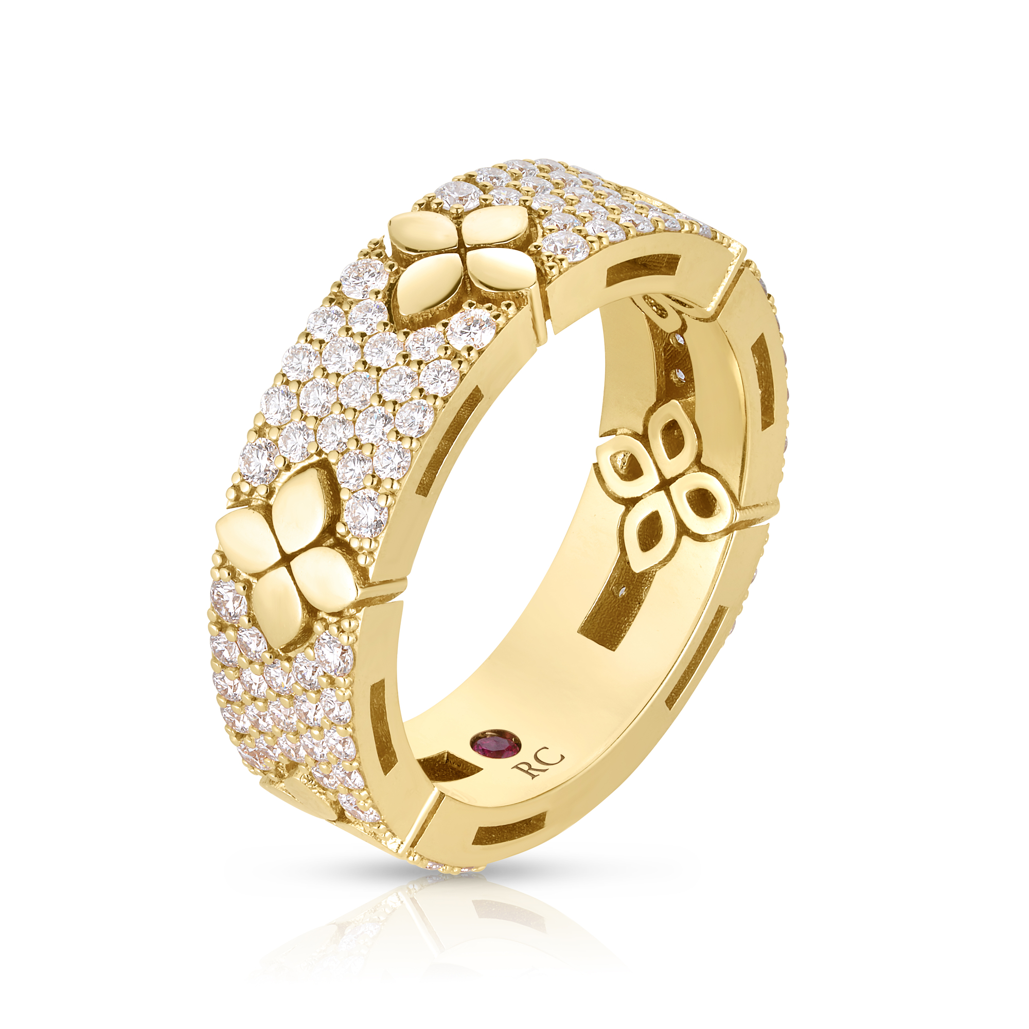 18k Yellow Gold Love In Verona Pave Diamond & Polished Flower Ring