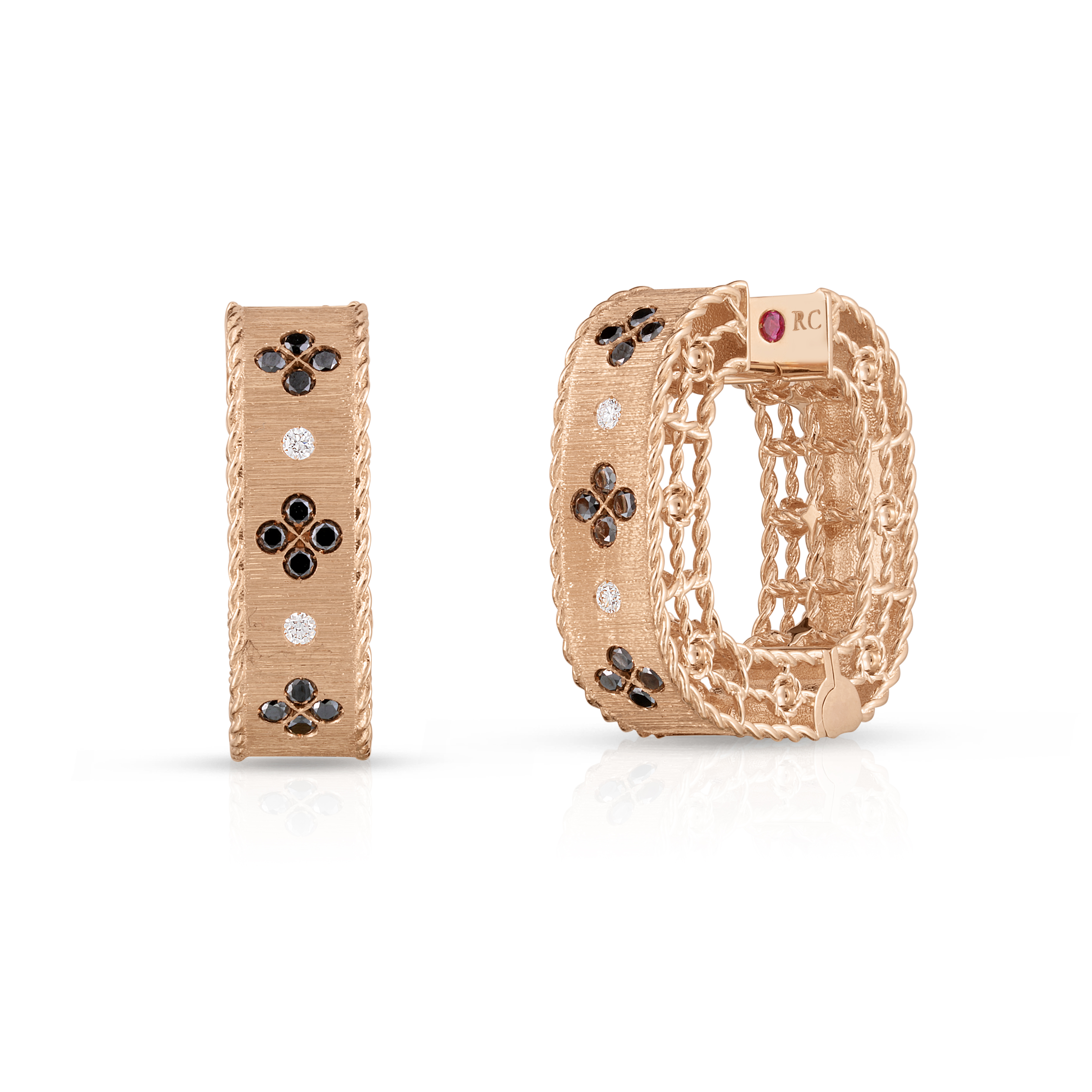 18k Rose Gold Princess Black & White Diamond Square Hoop Earrings