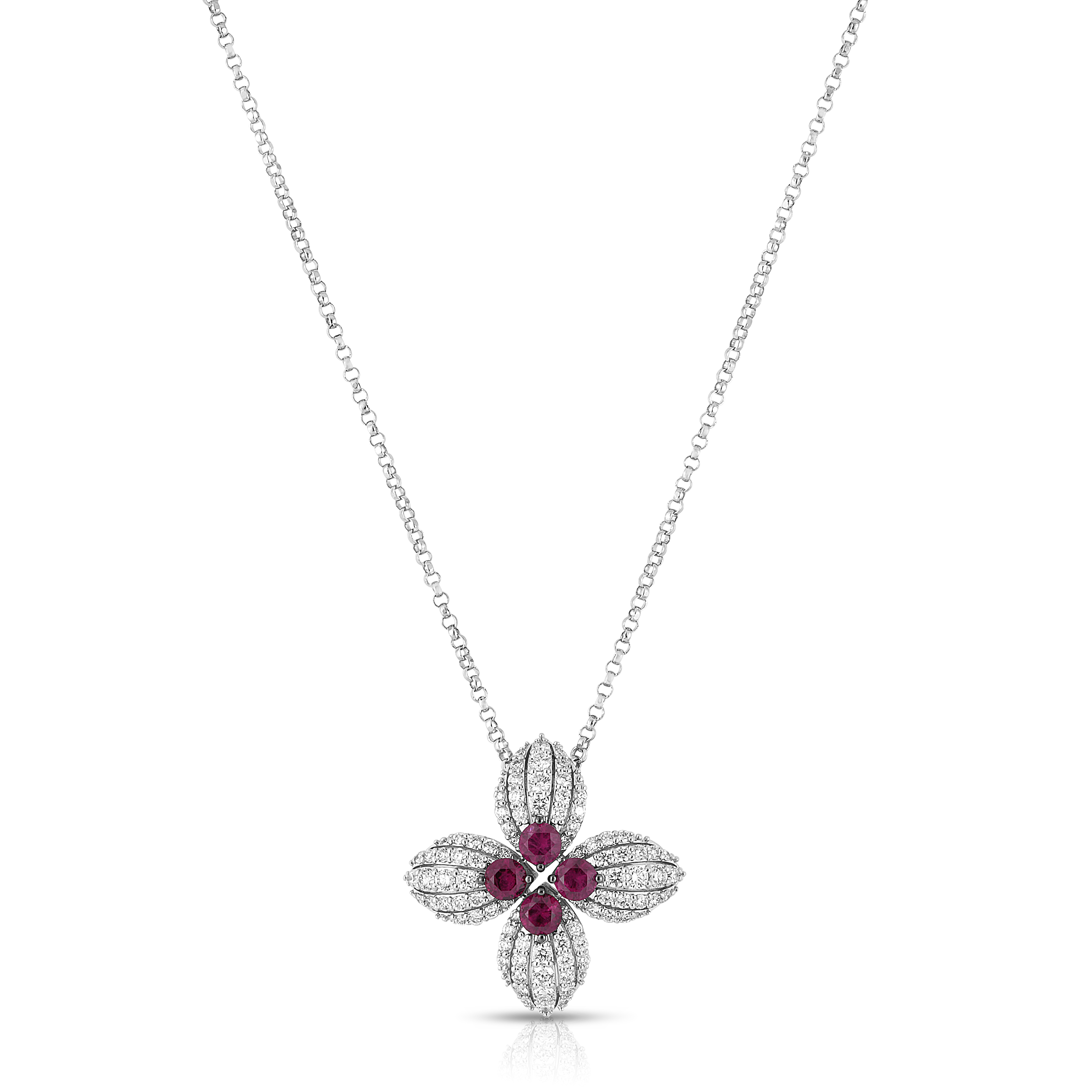 18k White Gold Love In Verona Diamond & Ruby Flower Necklace