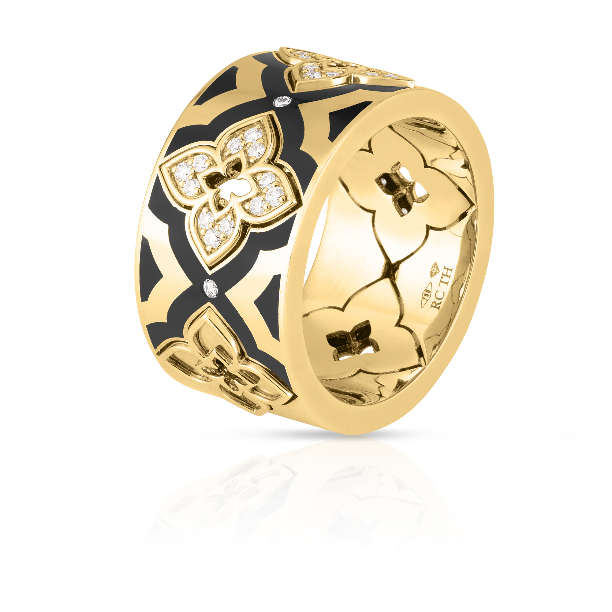 18k Yellow Gold Ventian Princess Diamond & Black Enamel Flower Ring
