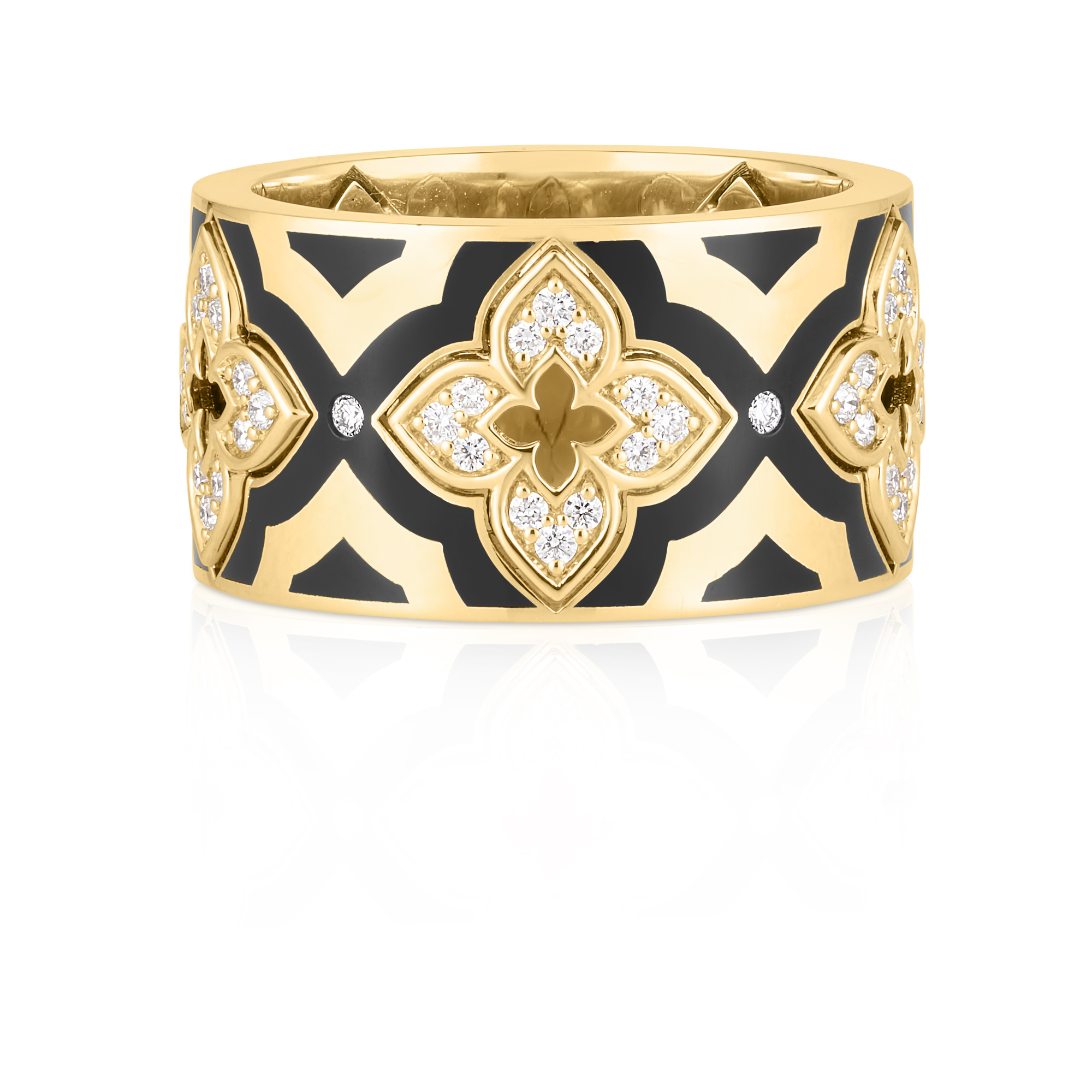 18k Yellow Gold Ventian Princess Diamond & Black Enamel Flower Ring