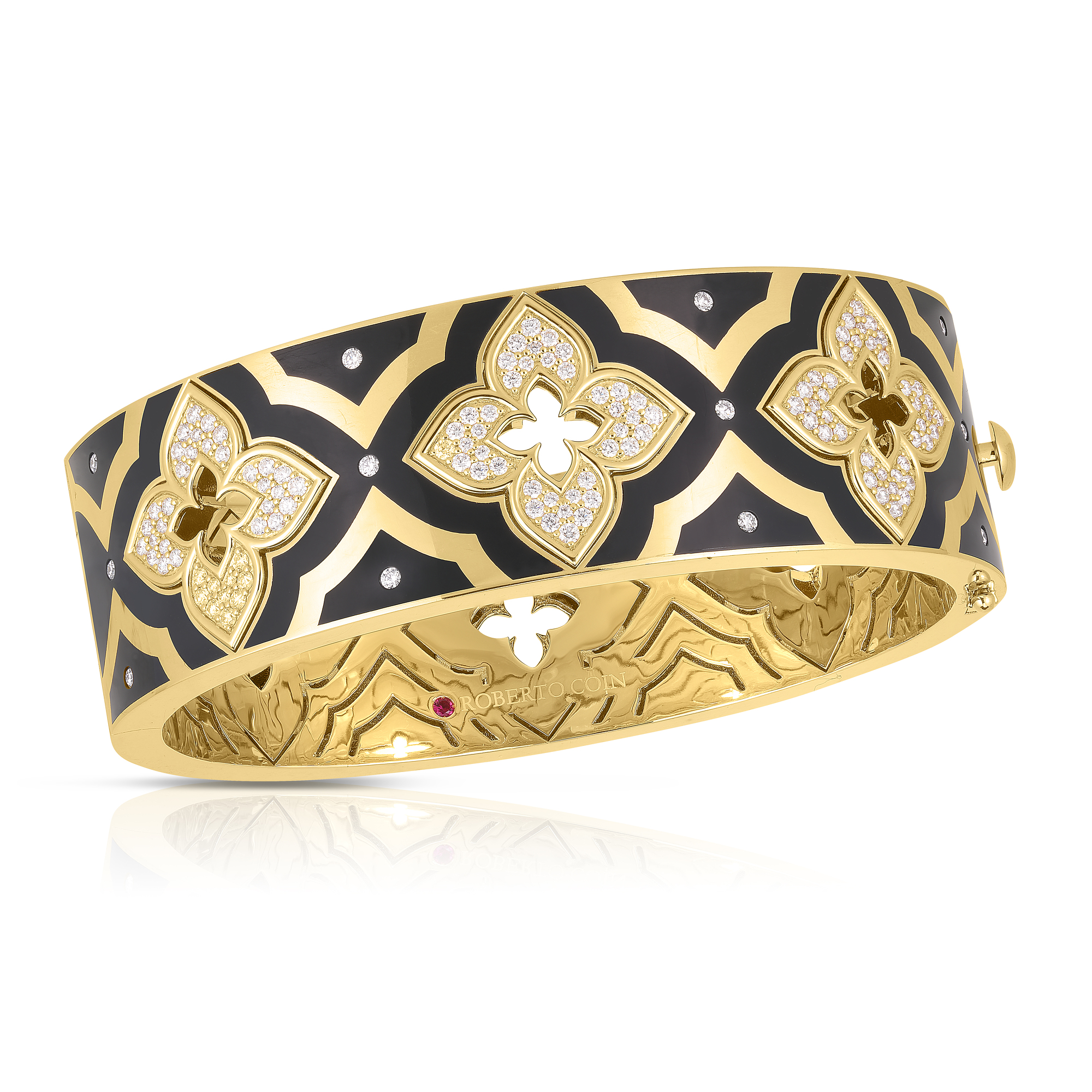 18k Yellow Gold Venetian Princess Wide Diamond & Black Enamel Flower Wide Bangle