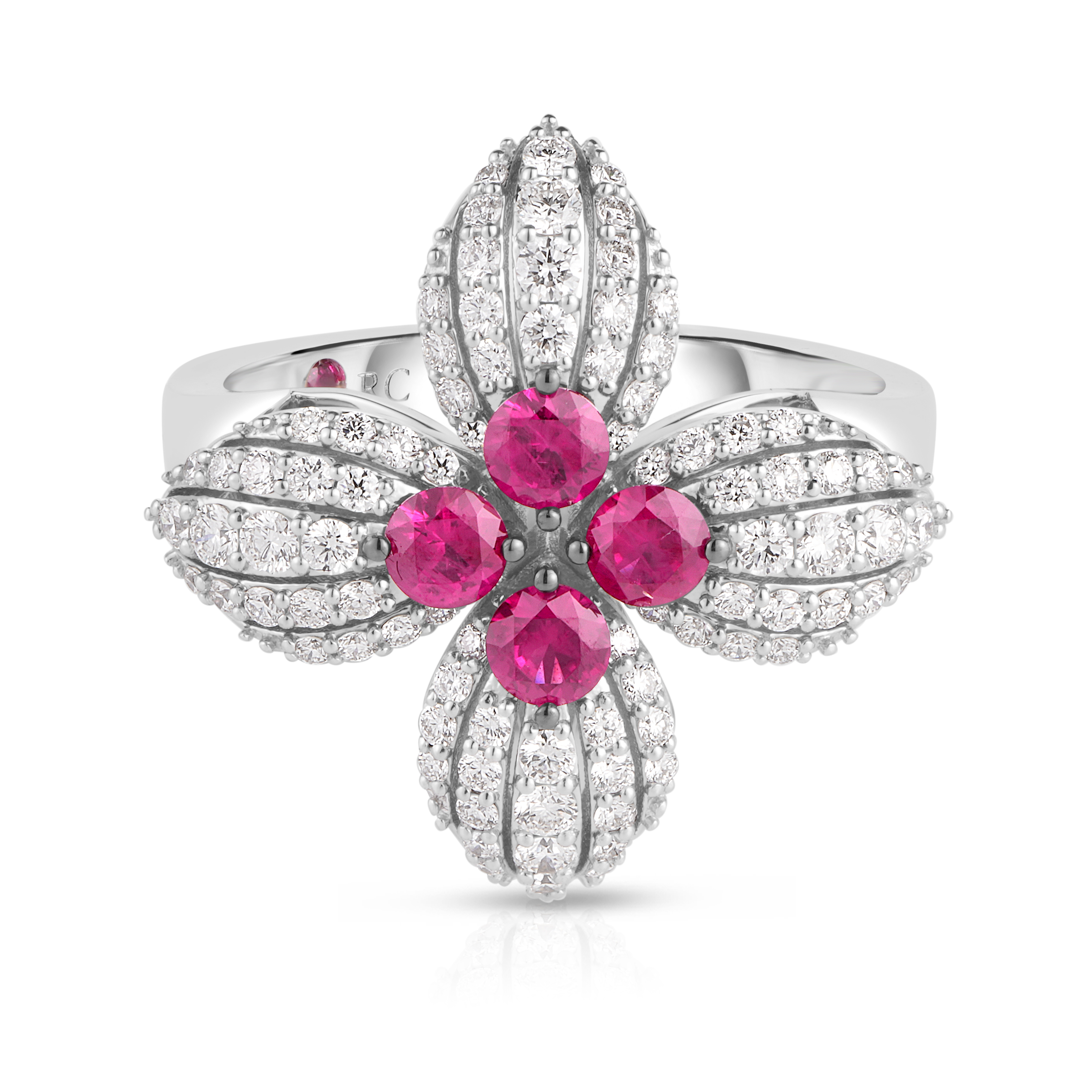 18k White Gold Love In Verona Diamond & Ruby Flower Ring