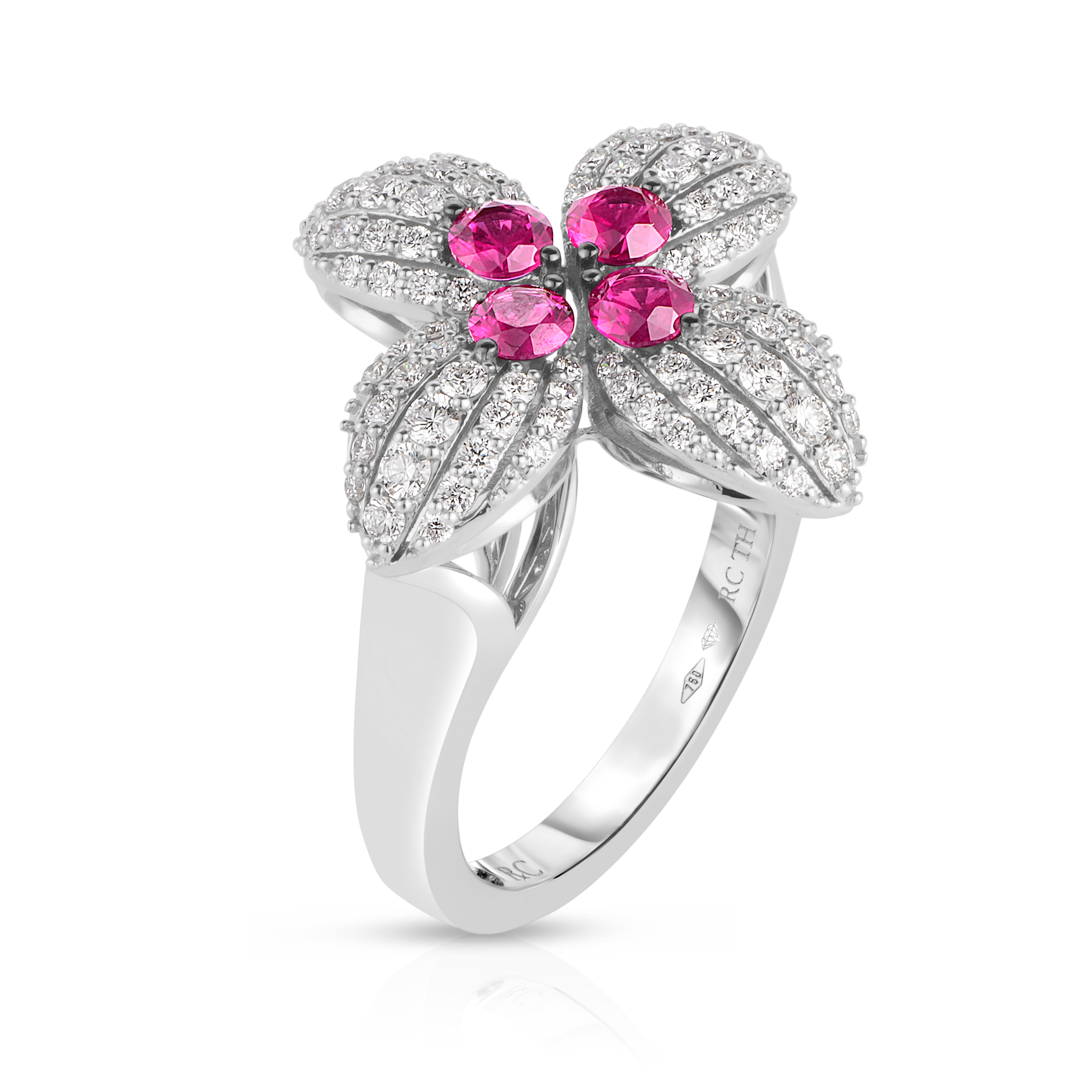 18k White Gold Love In Verona Diamond & Ruby Flower Ring