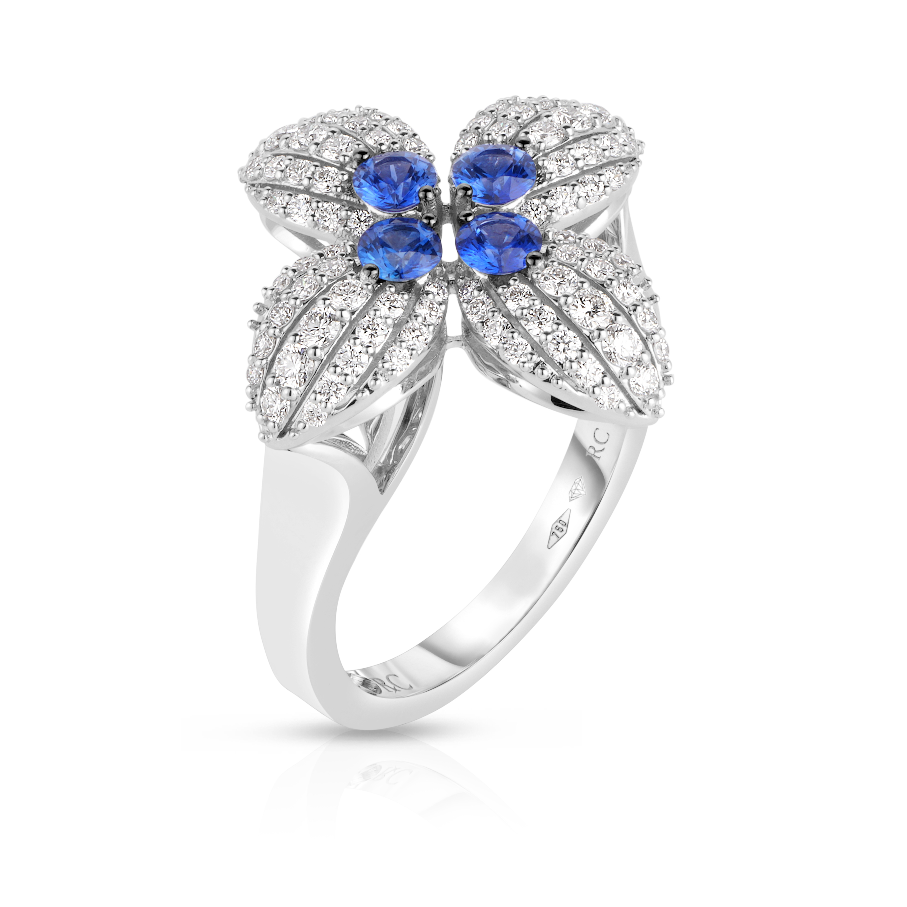 18k White Gold Love In Verona Diamond & Blue Sapphire Flower Ring