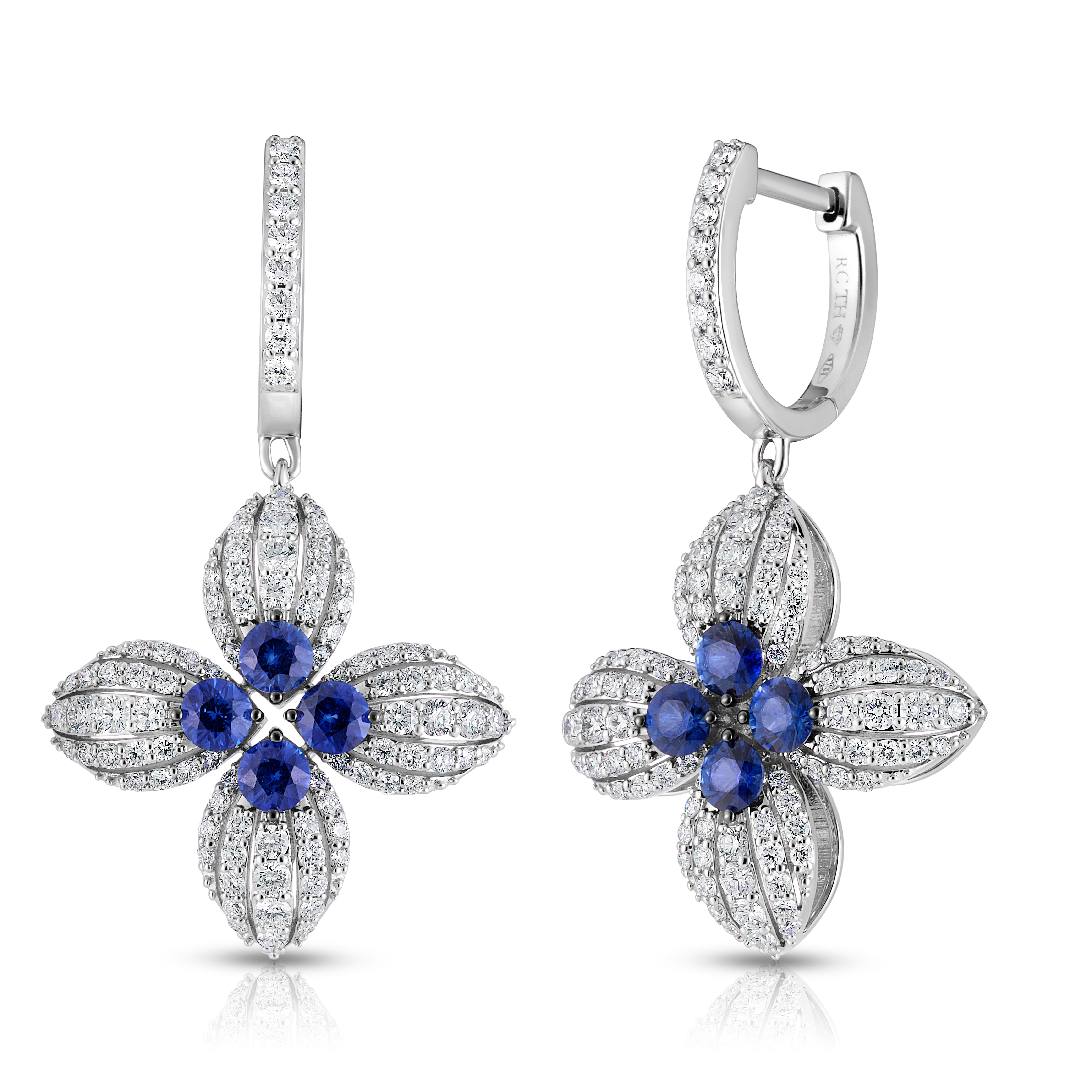 18k White Gold Love In Verona Diamond & Blue Sapphire Flower Earrings